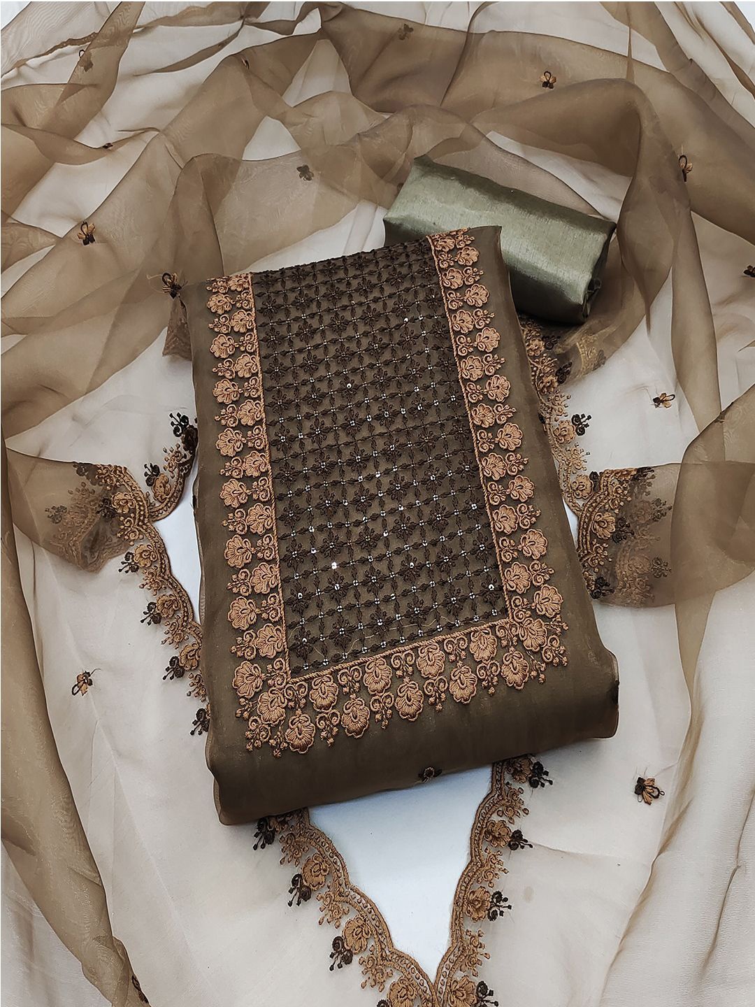 

MISS VERVE Organza Unstitched Dress Material, Coffee brown