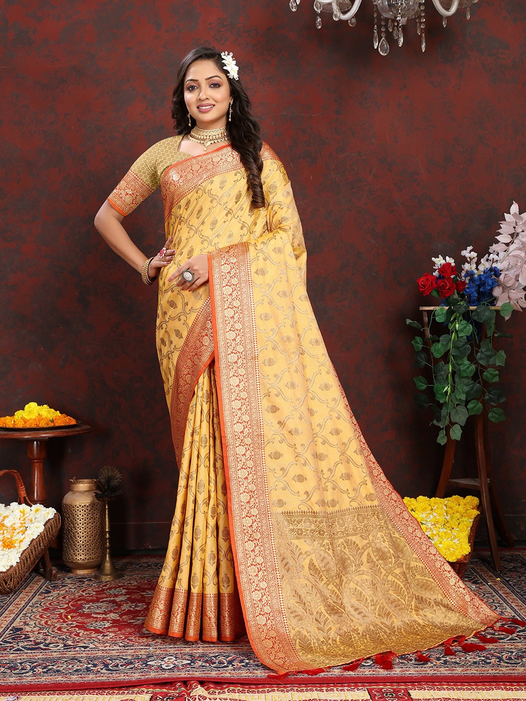 

Zeekha Woven Design Zari Pure Silk Kanjeevaram Saree, Mustard