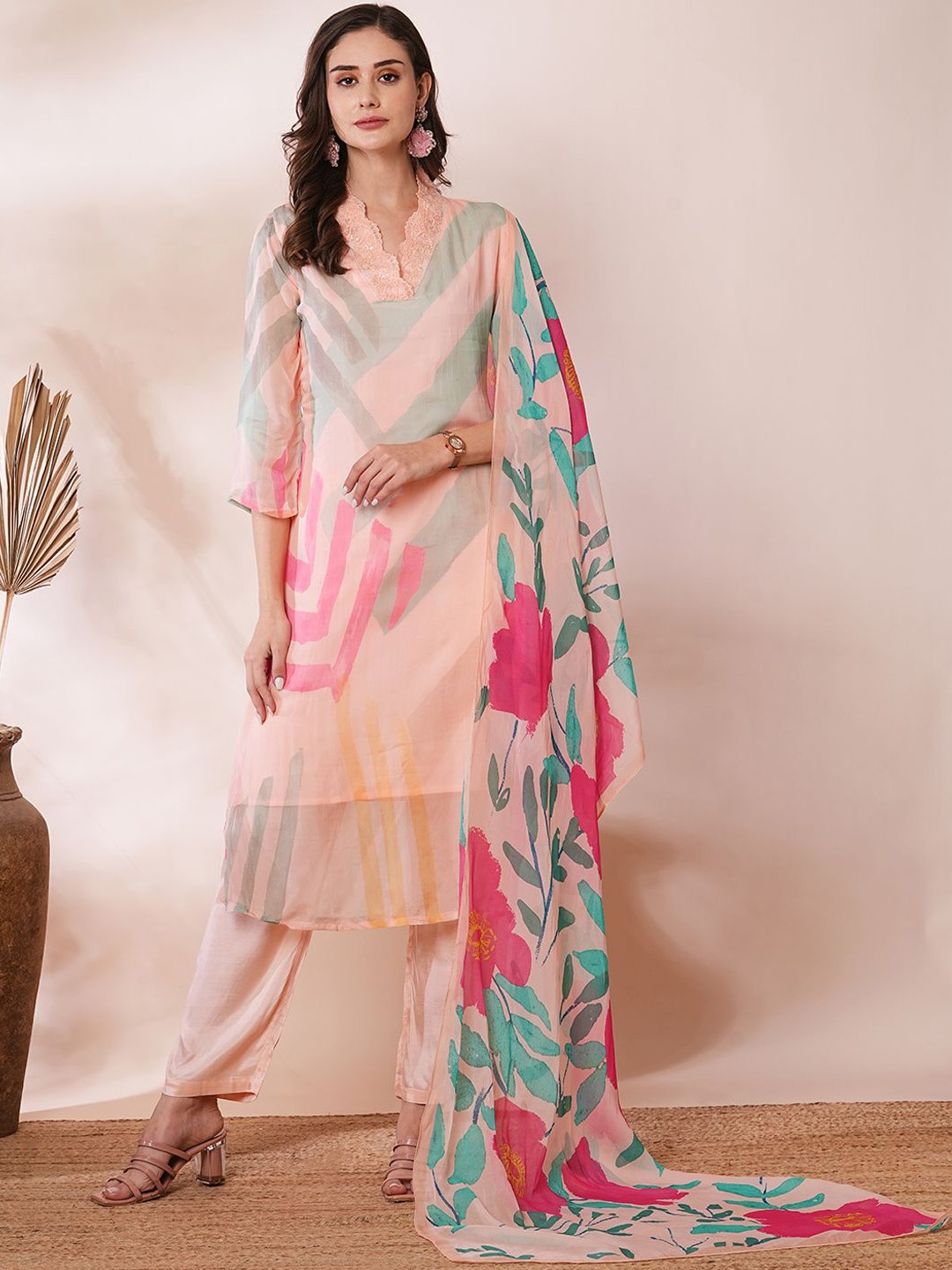 

FASHOR Peach Coloured Floral Printed V-Neck Organza Straight Kurta with Trousers & Dupatta