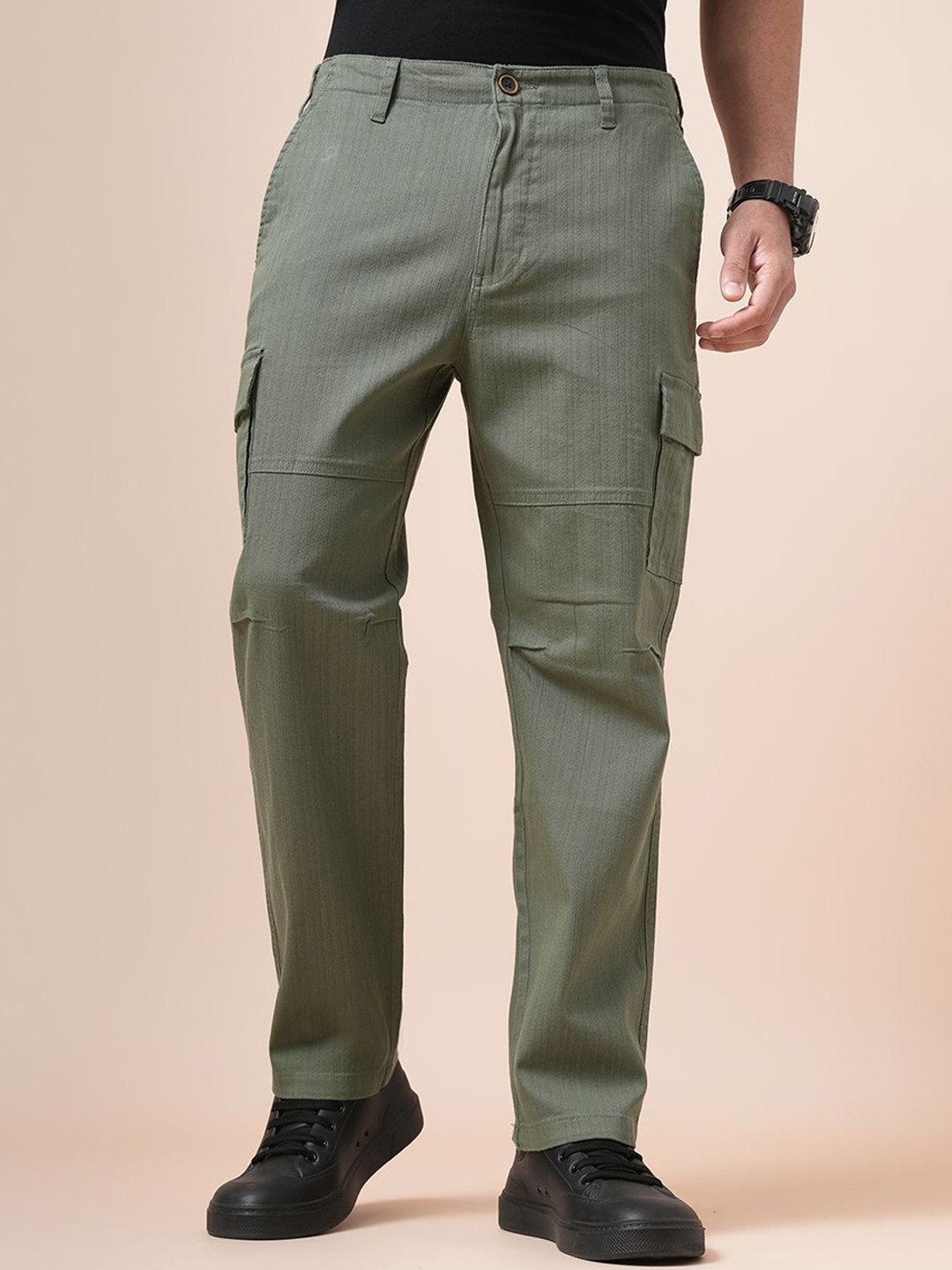 

British Club Men Comfort Straight Fit Low-Rise Cargos Trousers, Olive
