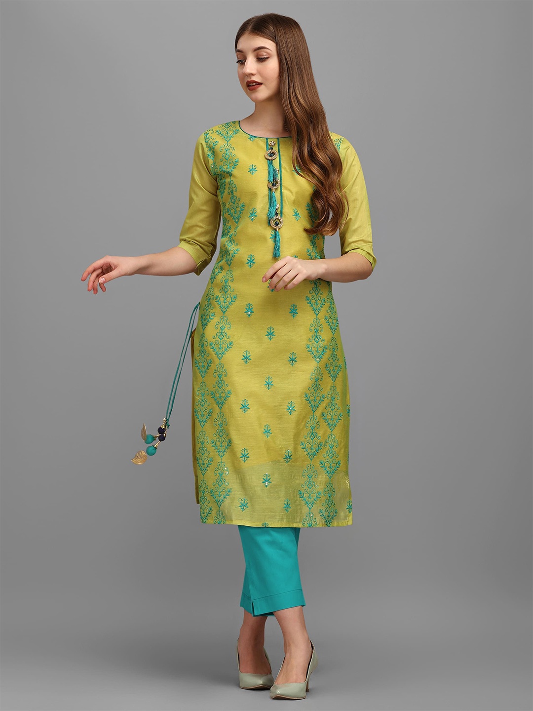 

OXIT CLASS Embroidered Straight Kurtas, Lime green