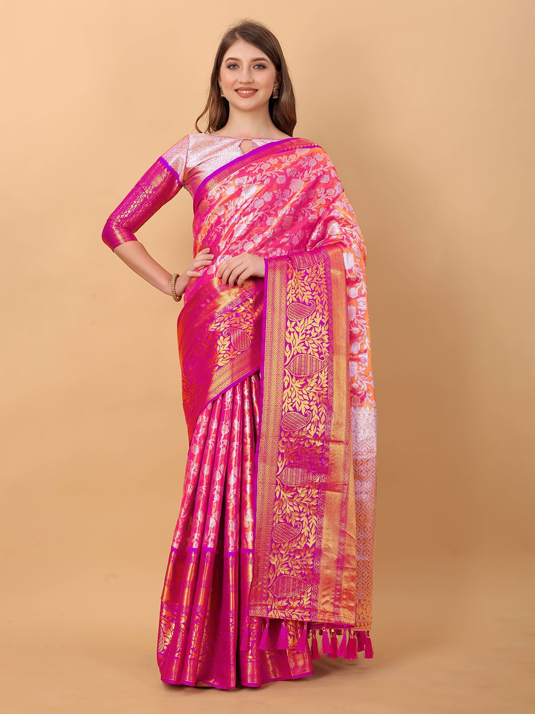 

Zeekha Woven Design Zari Pure Silk Kanjeevaram Saree, Pink