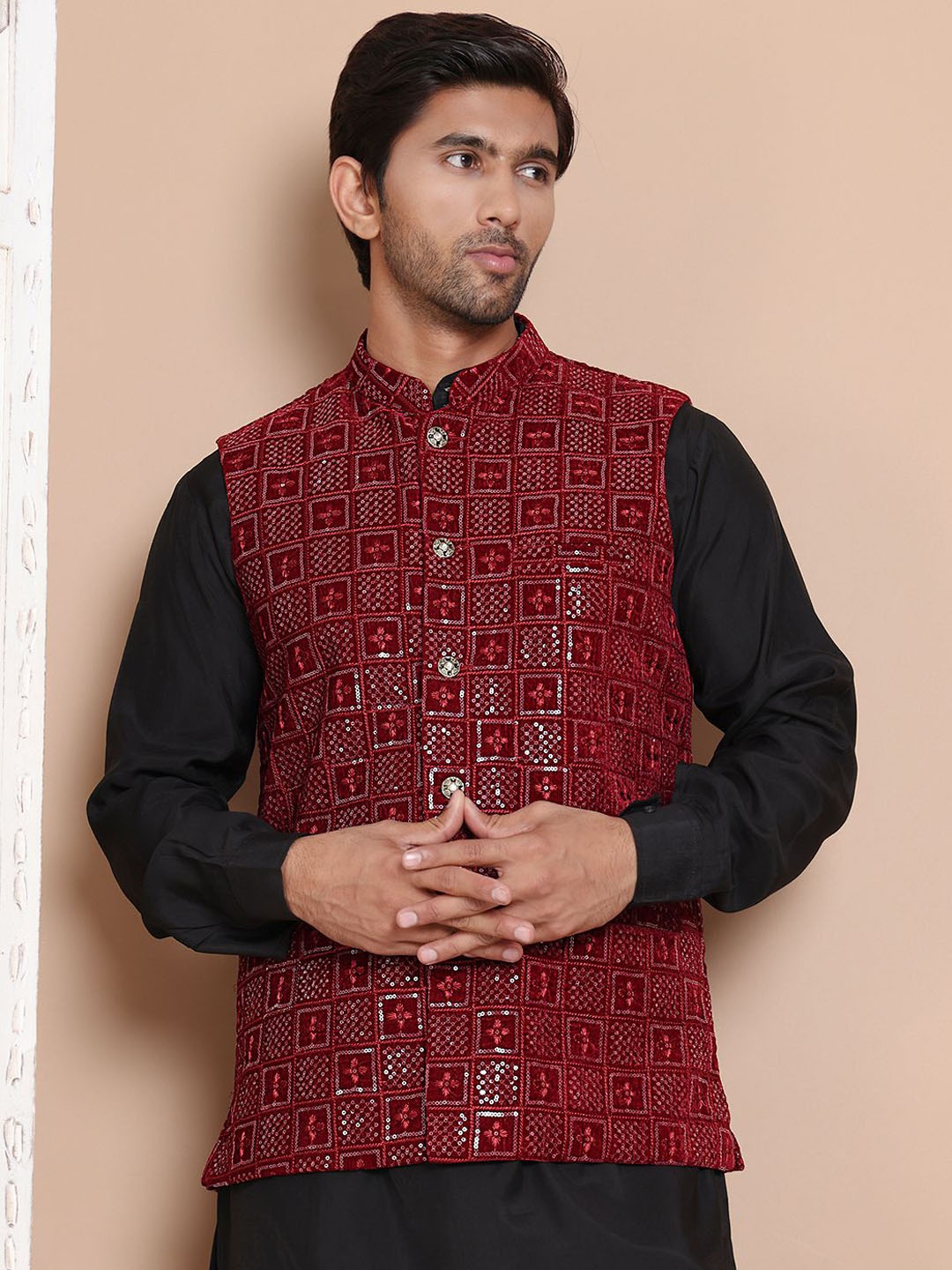 

Anouk Men Embroidered Regular Sequinned Velvet Kurta with Churidar, Black