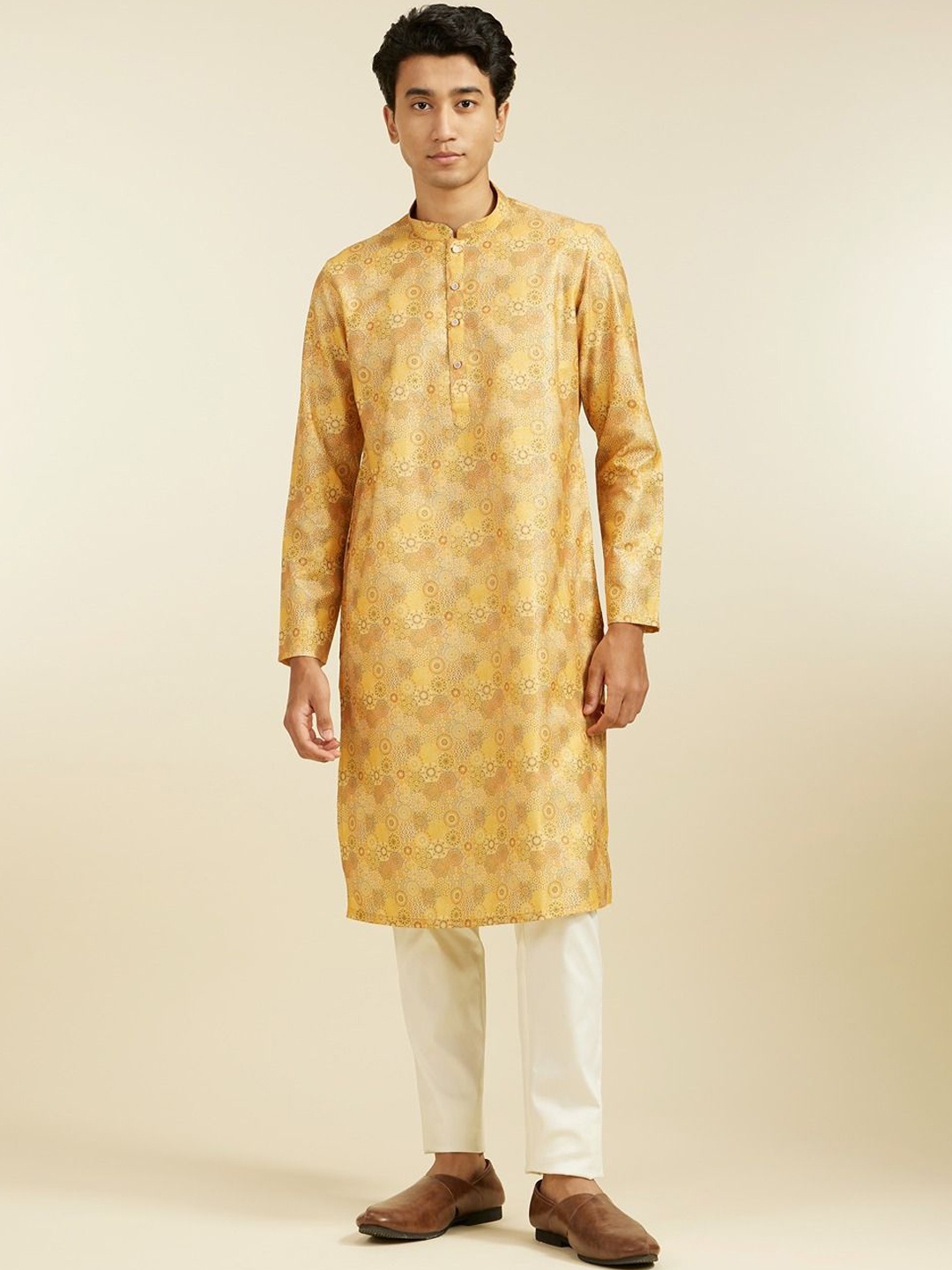 

Diwas by Manyavar Floral Printed Mandarin Collar Straight Kurta, Mustard