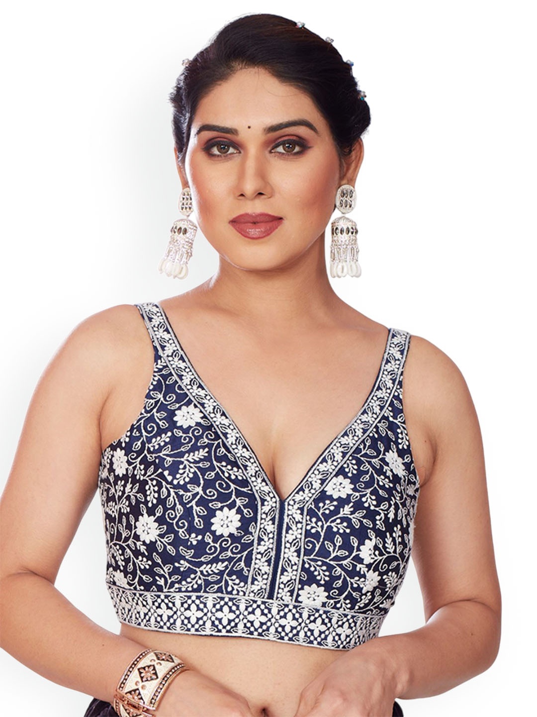 

Mmore Embroidered Padded Saree Blouse, Navy blue