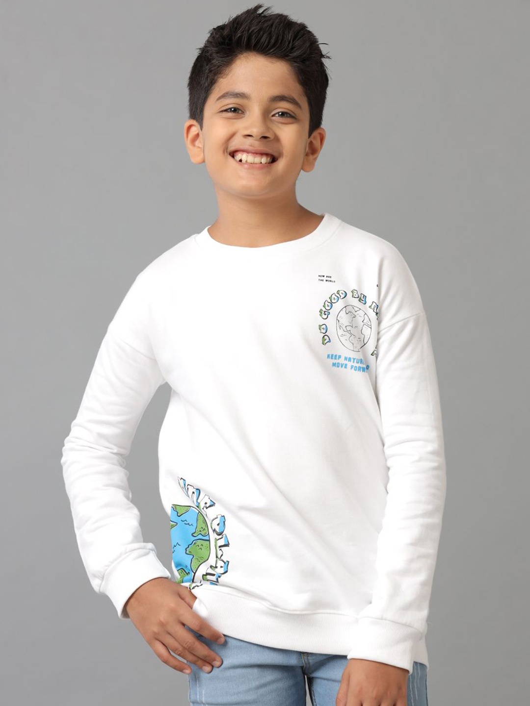 

UNDER FOURTEEN ONLY Boys Typography Printed Round Neck Cotton Pullover Sweatshirt, White