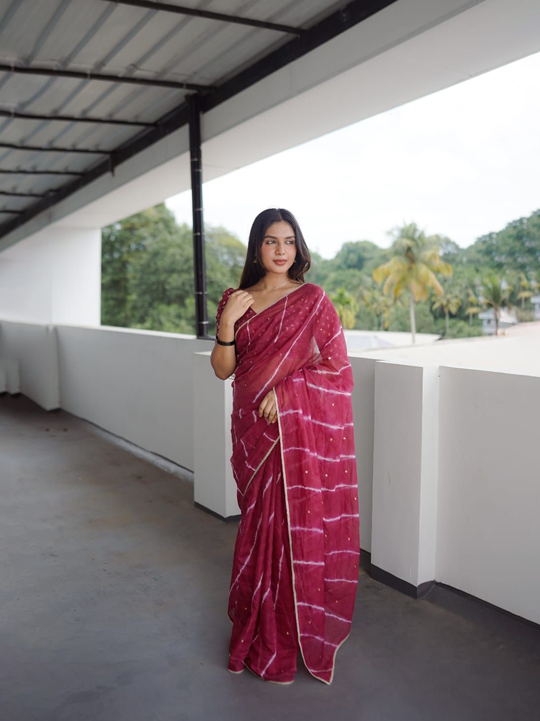 

STAVA CREATION Printed Mirror Work Detail Leheriya Saree, Pink