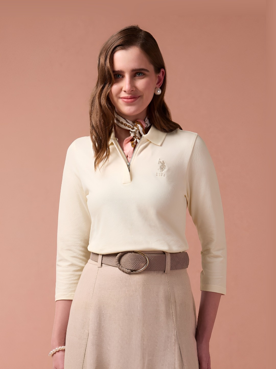 

U.S. Polo Assn. Women Solid Polo Collar Cotton T-shirt, Cream