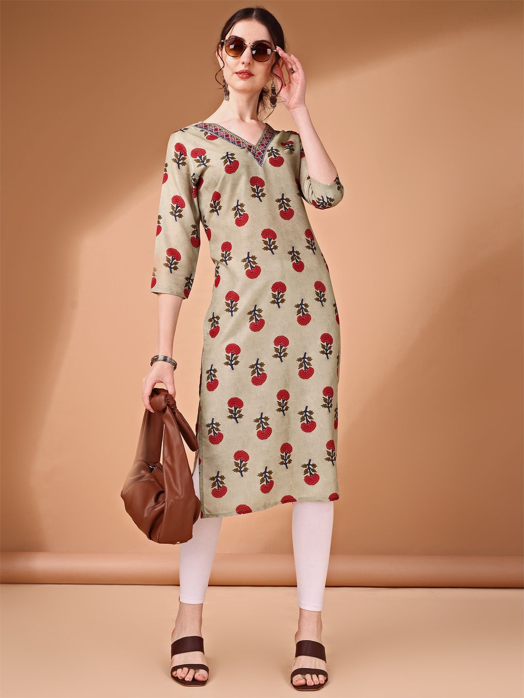 

Anouk Rustic Women Floral Printed Cold-Shoulder Sleeves Floral Kurta, Beige