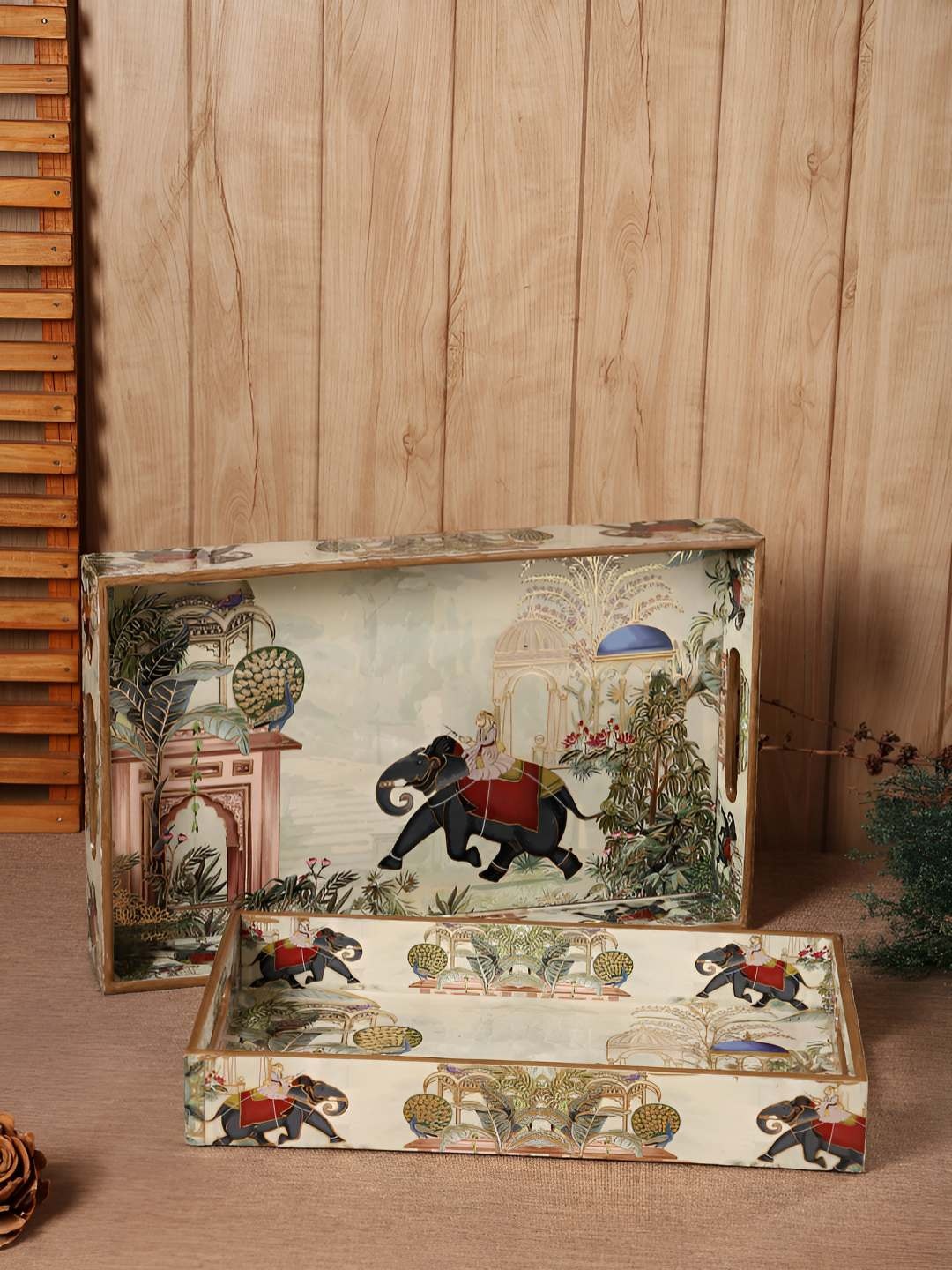 

HomeShastra Royal Elephant Brown 2 Pieces Printed Wooden Easy To Clean Serving Trays