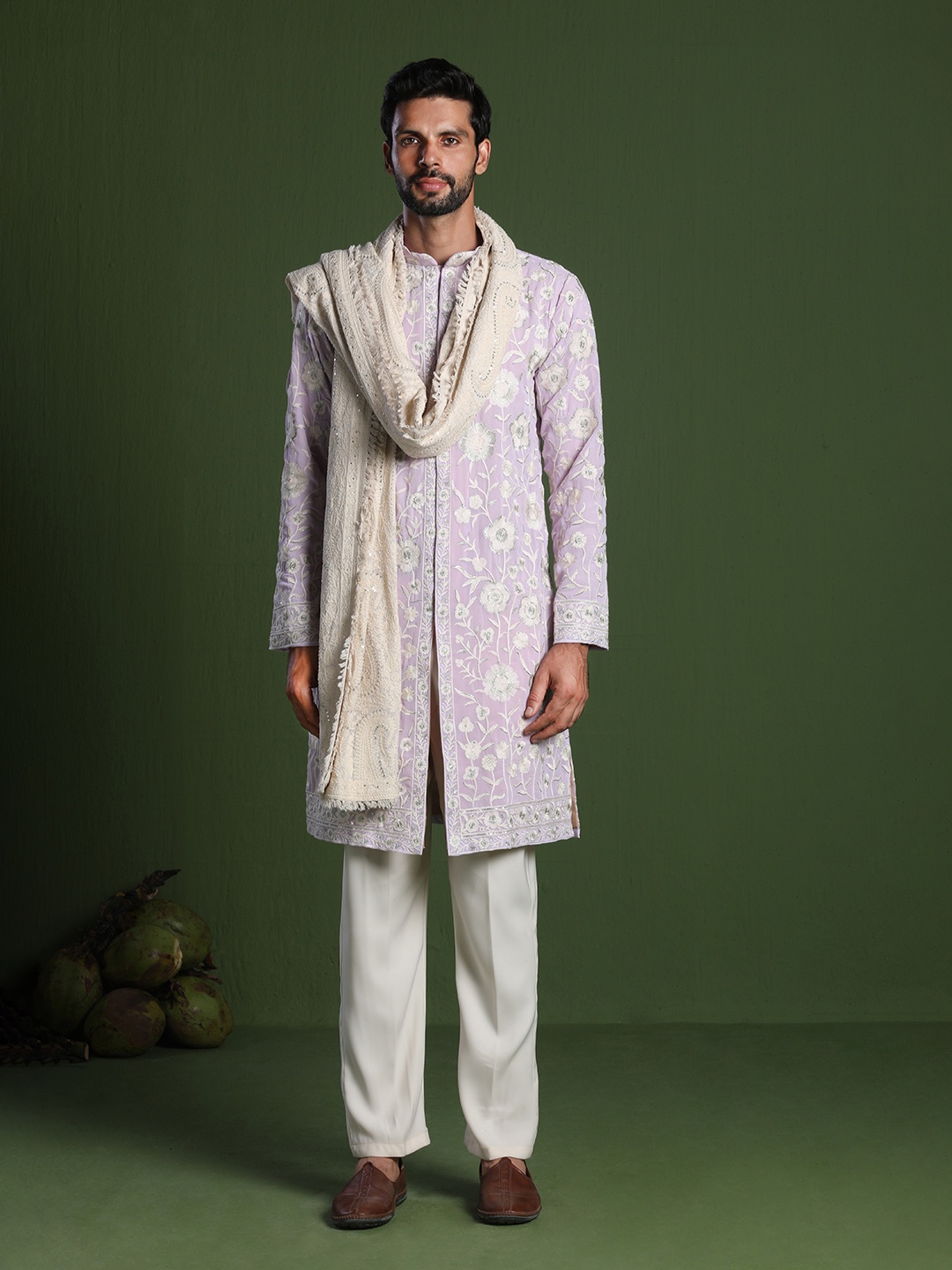 

KALPRAAG Floral Embroidered Mandarin Collar Straight Kurta with Trousers & Dupatta, Purple