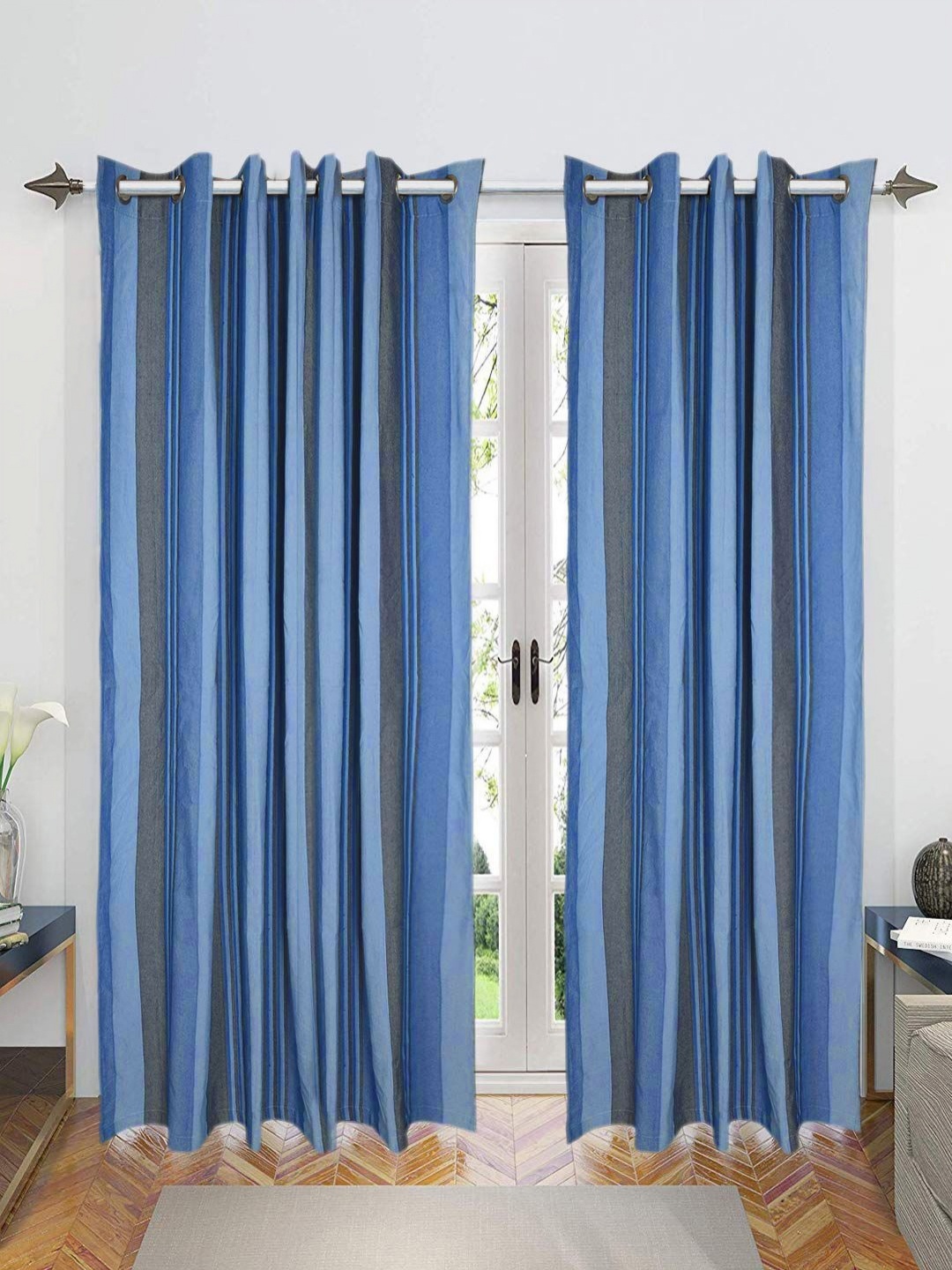 

Saral Home Blue & Grey 2 Pieces Striped Room Darkening Cotton Long Door Curtain