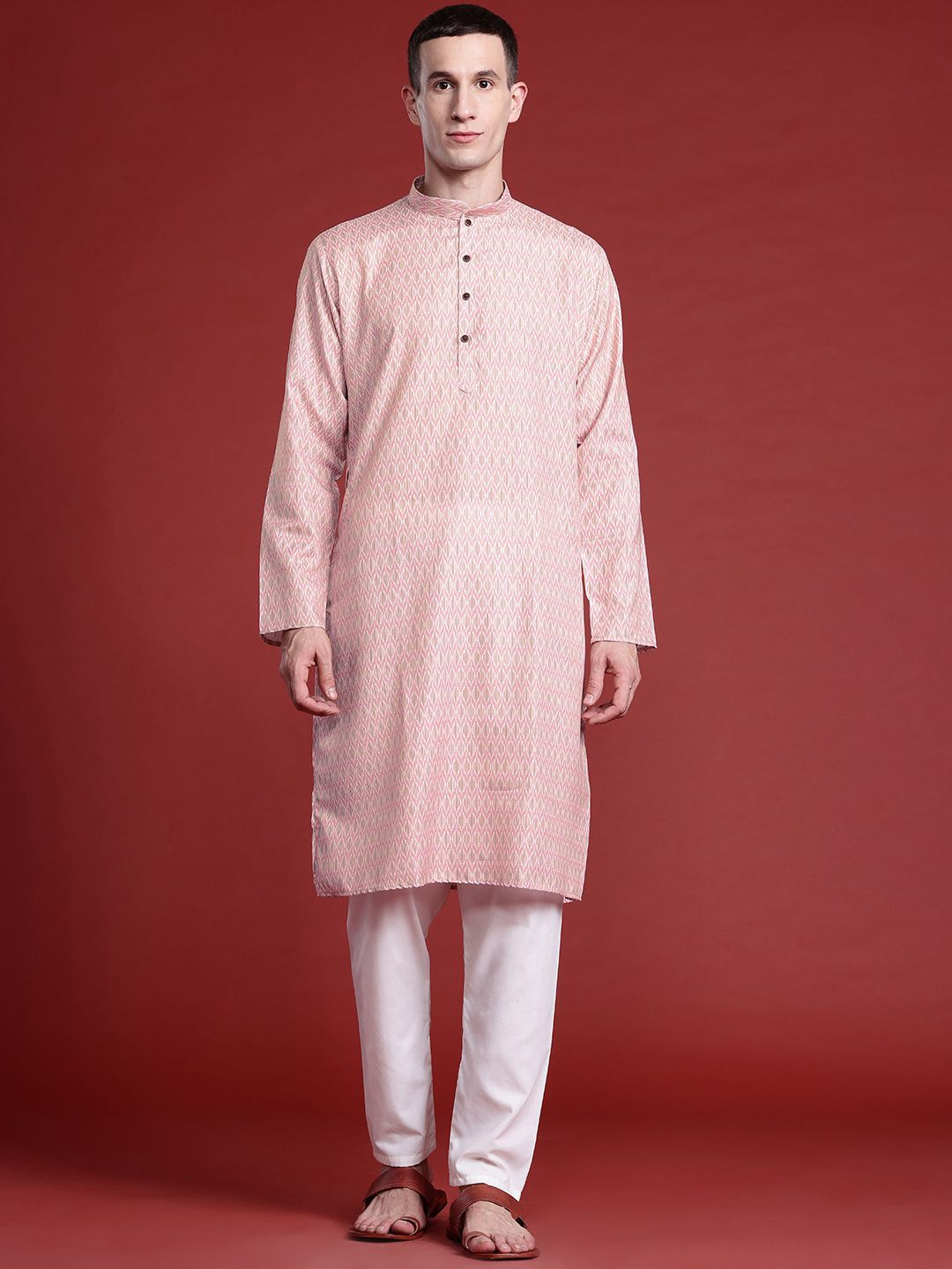 

MANQ Geometric Printed Mandarin Collar Pure Cotton Straight Kurta, Pink