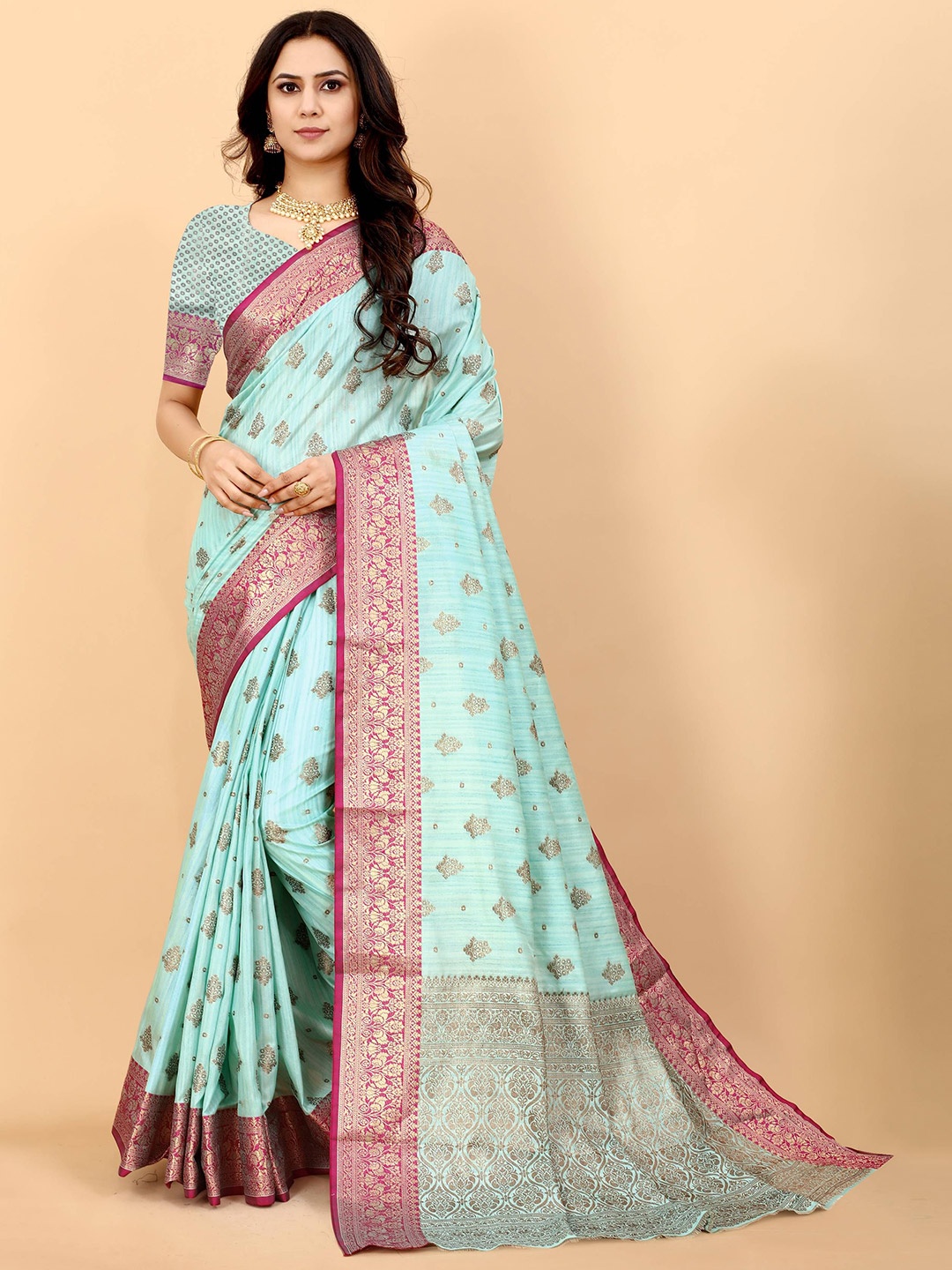 

Zeekha Woven Design Zari Pure Silk Kanjeevaram Saree, Turquoise blue