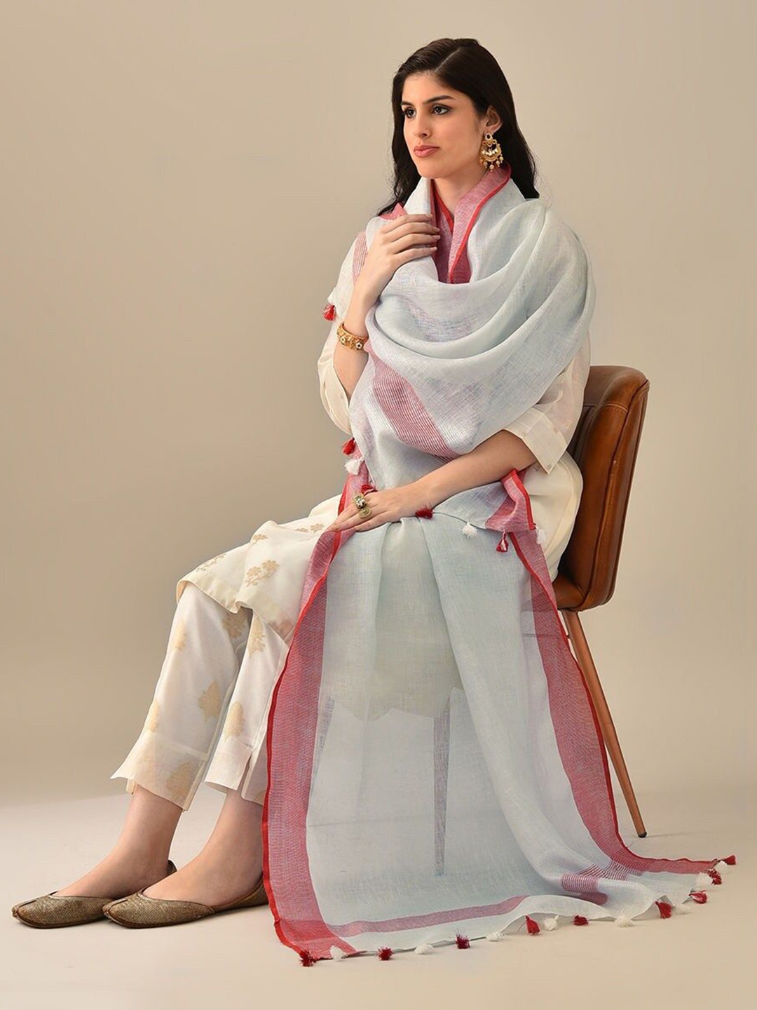 

JAYPORE Linen Dupatta, White