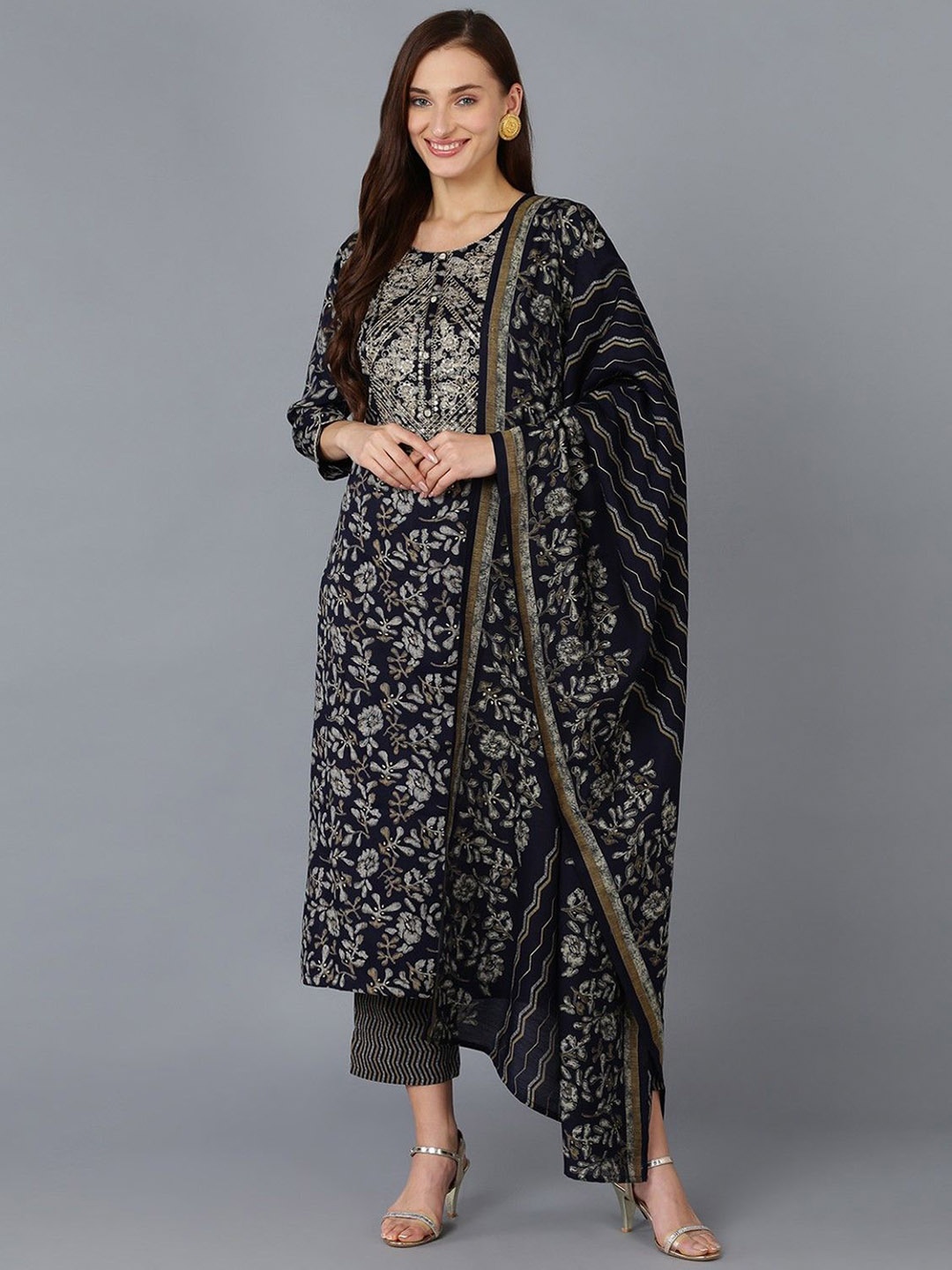 

KALINI Women Floral Embroidered Regular Kurta with Trousers & With Dupatta, Black