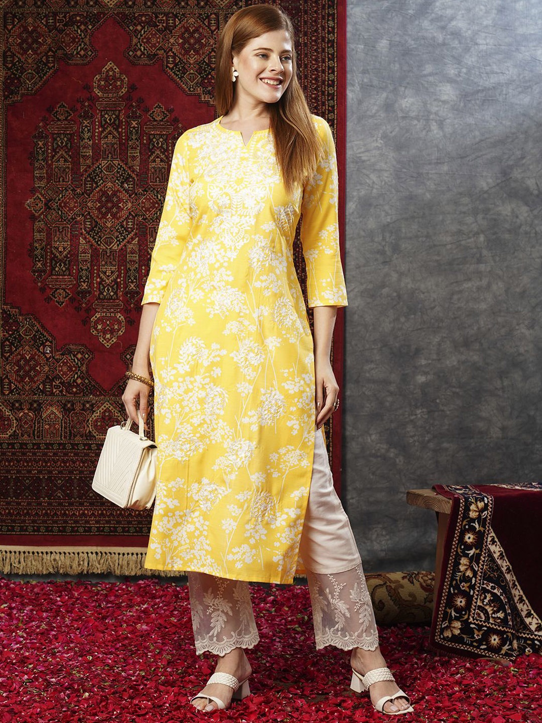 

GoSriKi Women Floral Embroidered Chikankari Kurta, Yellow