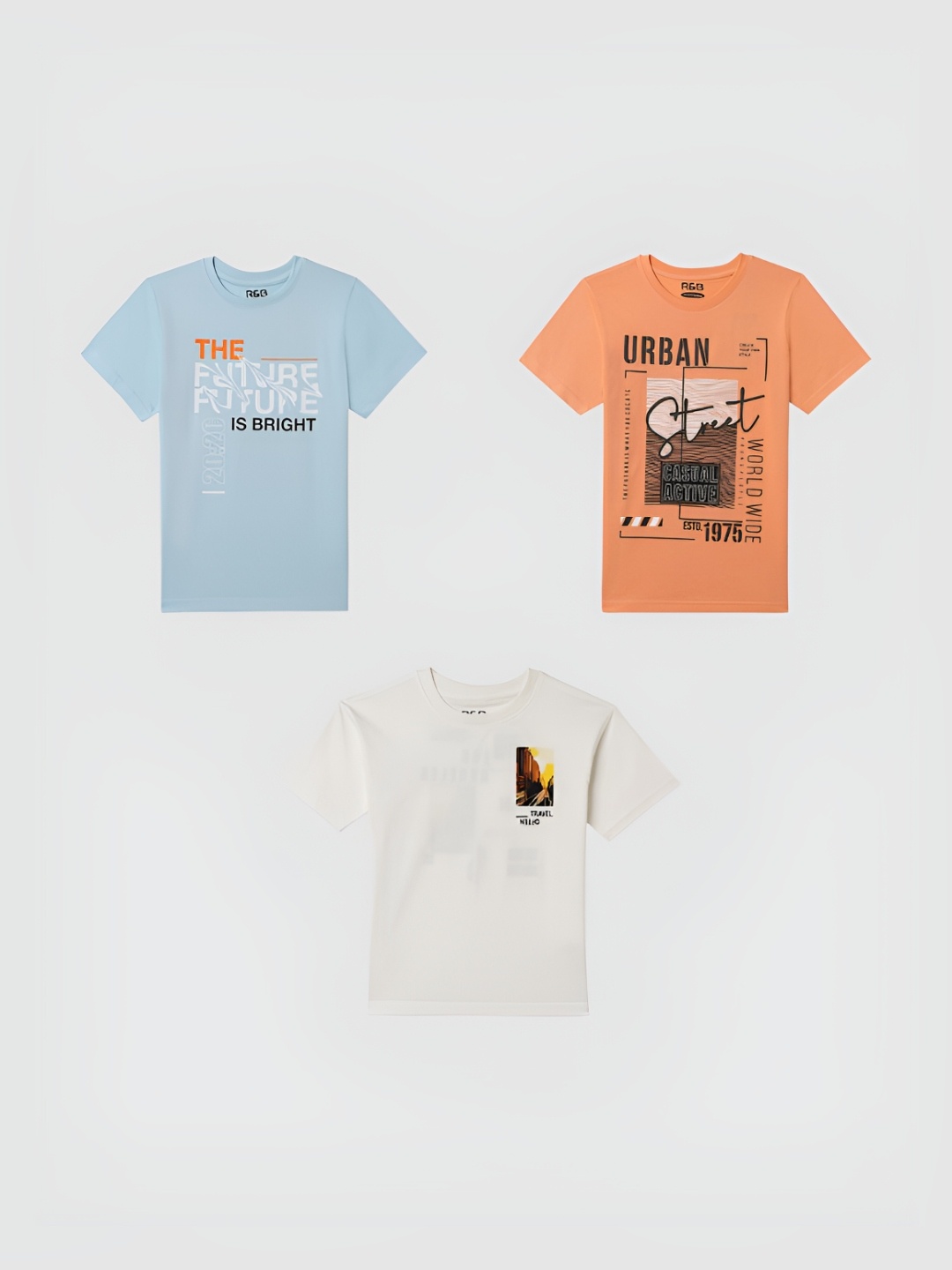 

R&B Boys Pack Of 3 Graphic Printed Round Neck Cotton T-shirts, Blue