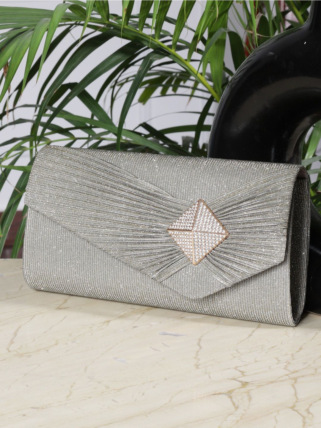 

SAZARA Embellished Foldover Clutch, Grey