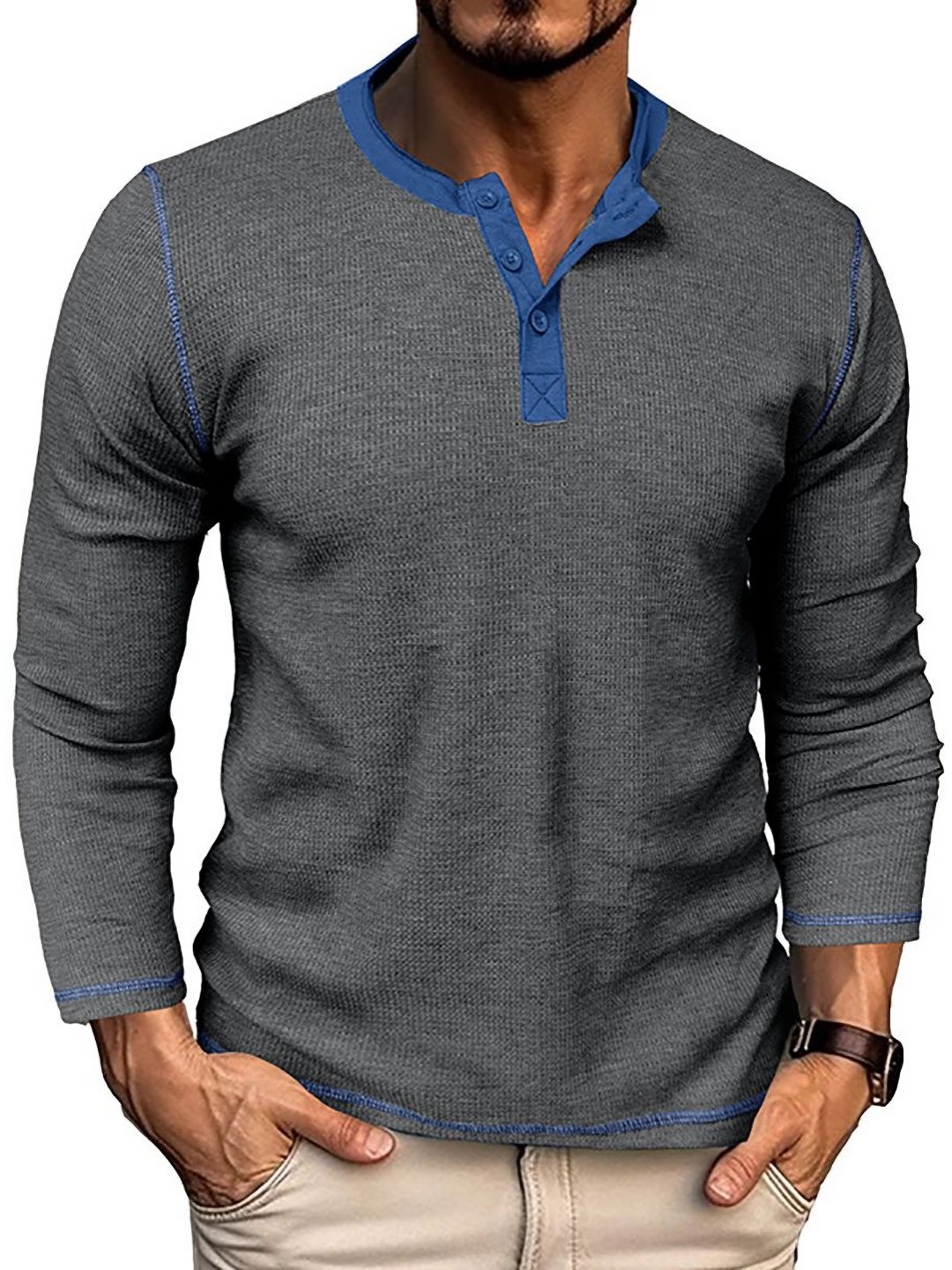 

StyleCast x Revolte Men Solid Henley Neck T-shirt, Grey