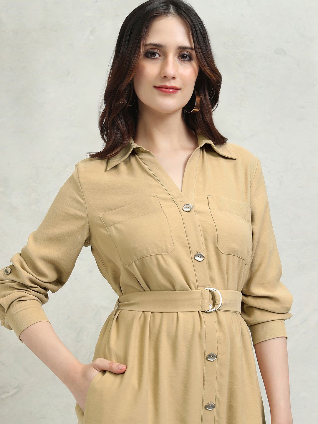

Tokyo Talkies Women Shirt Midi Dress, Khaki