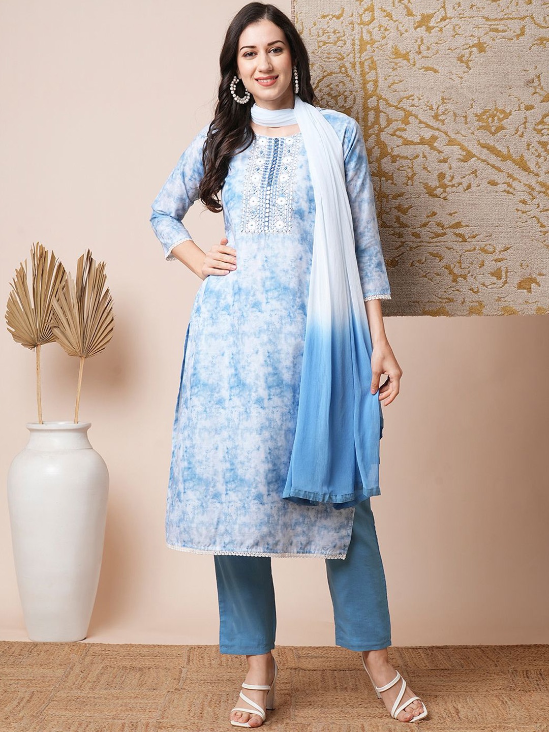 

FASHOR Abstract Printed Mirror Work Pure Cotton Straight Kurta With Trousers & Dupatta, Blue