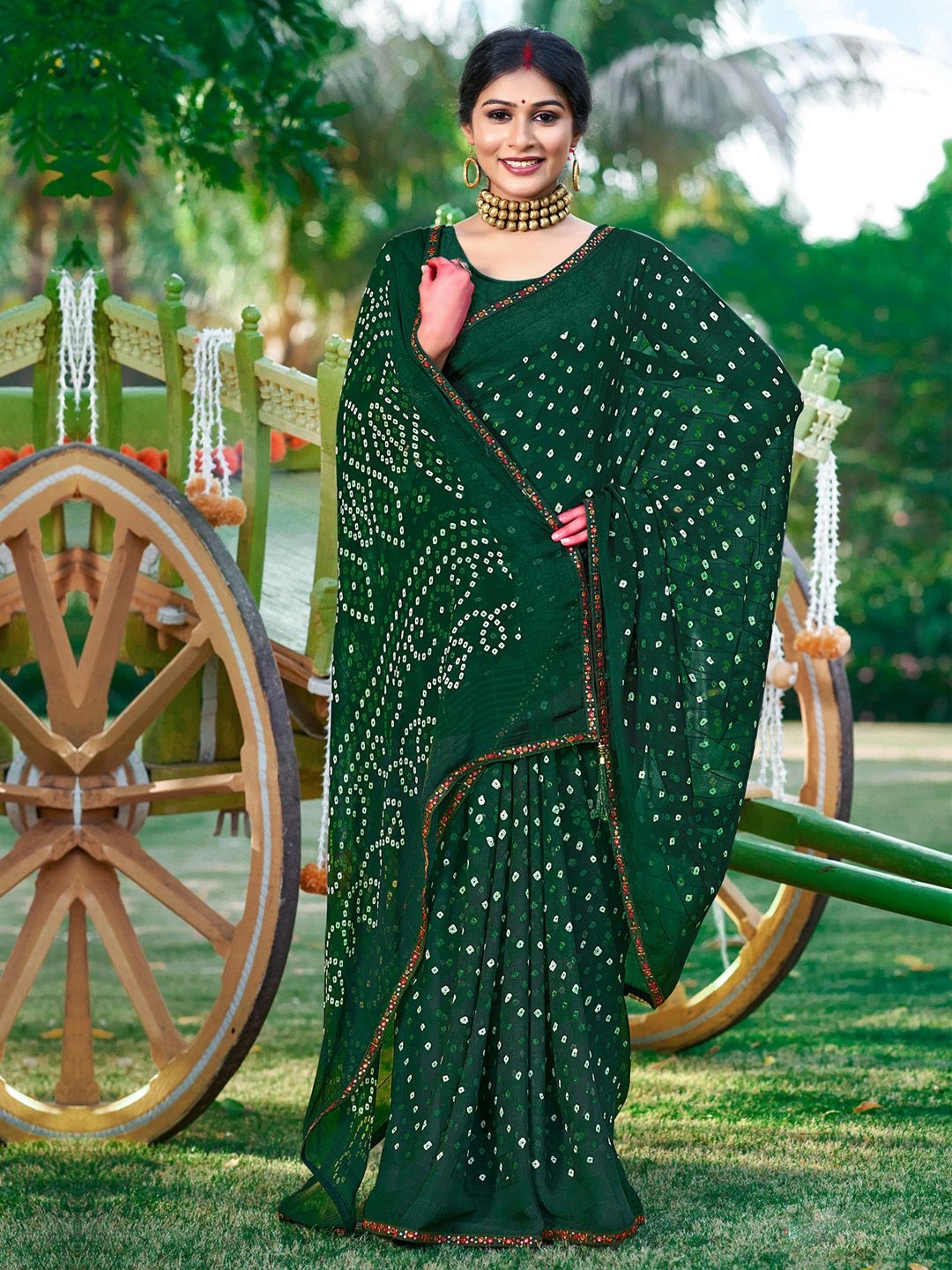 

Saree mall Mirror Work Bandhani Sarees, Green