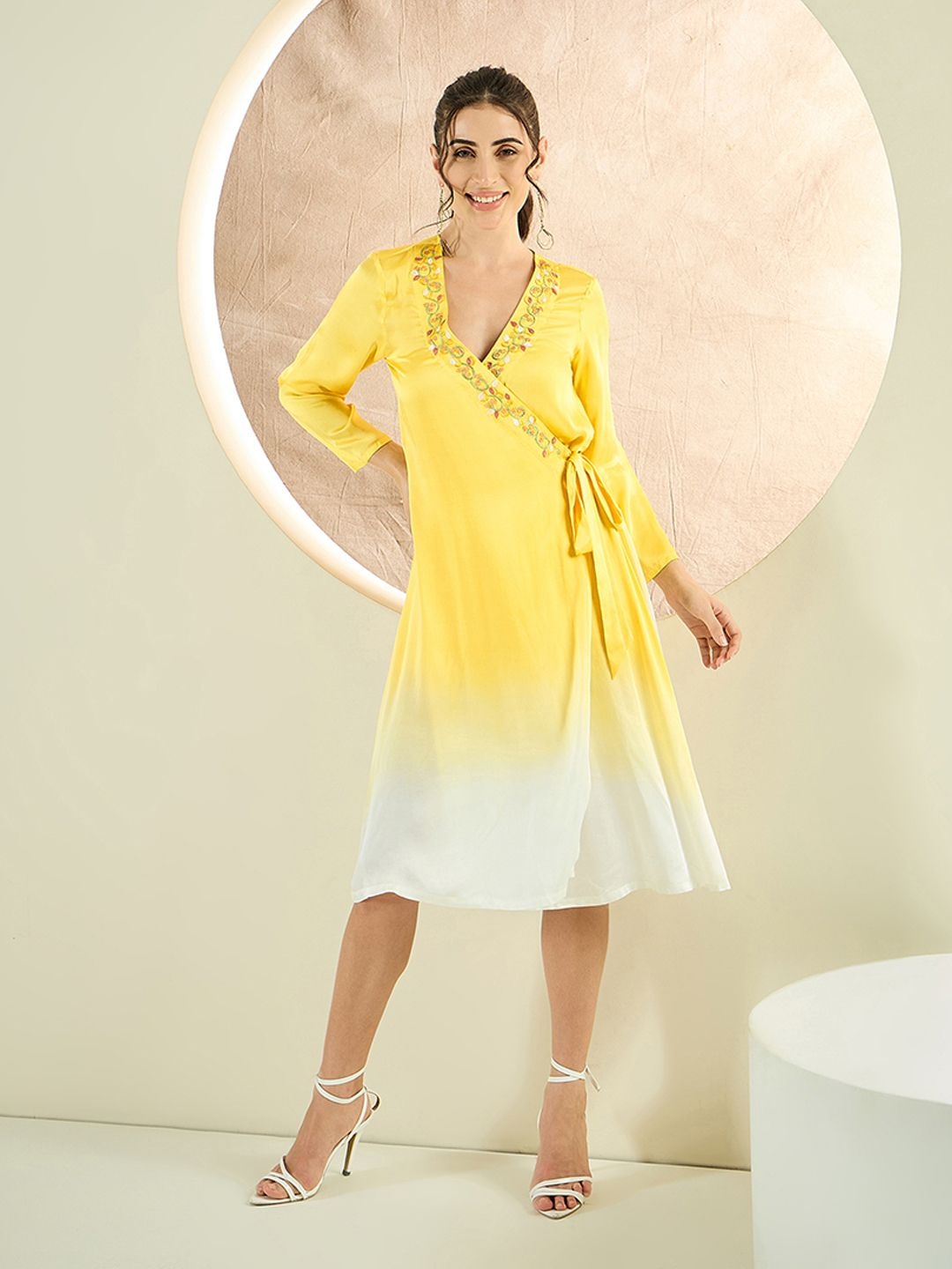 

First Resort by Ramola Bachchan Tie and Dye Dyed Kimono Sleeve Satin Dress, Yellow