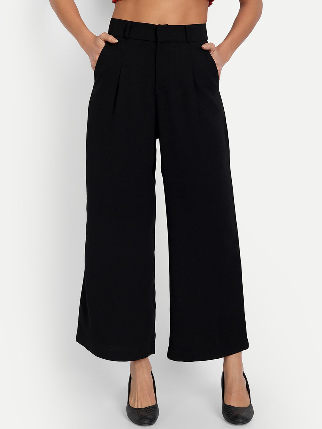 

ESSQUE Women Comfort Flared Easy Wash Pleated Trousers, Black