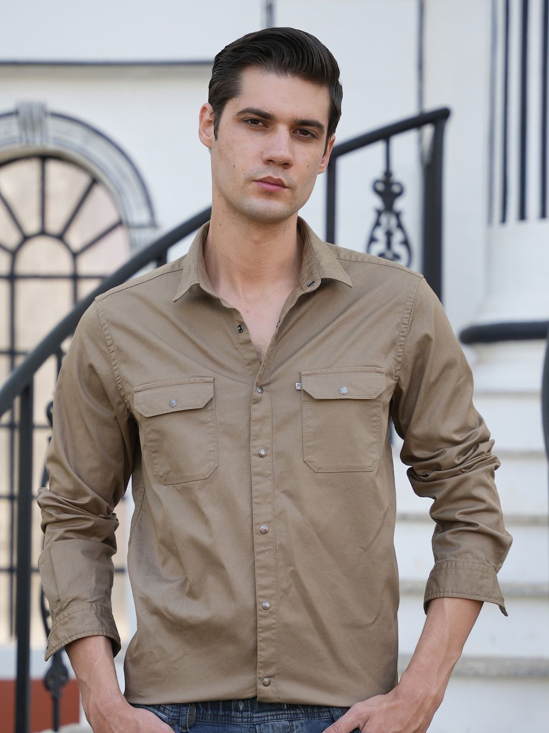 

POE Men Smart Slim Fit Opaque Casual Shirt, Khaki