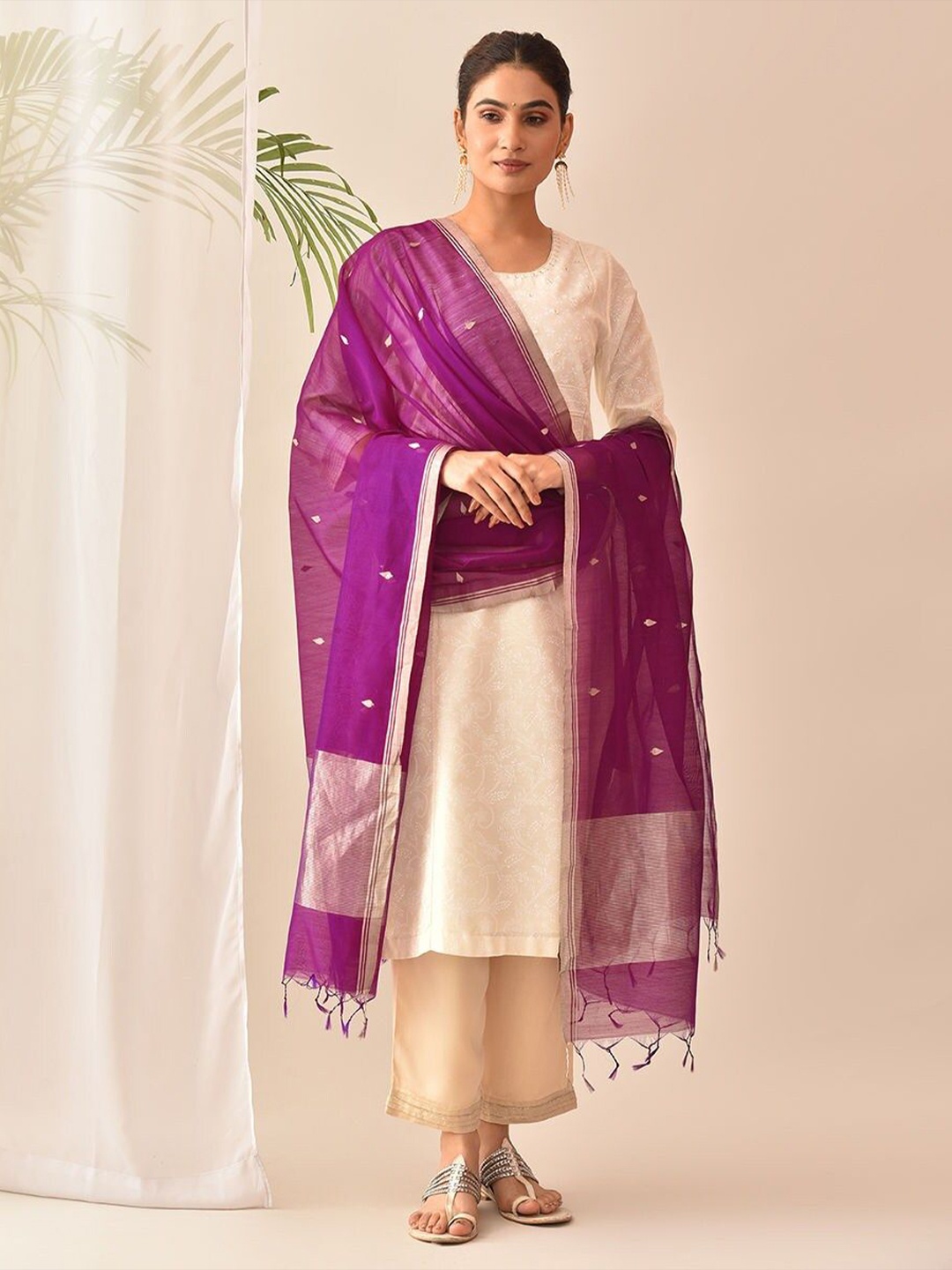 

JAYPORE Woven Design Cotton Silk Dupatta with Zari, Purple