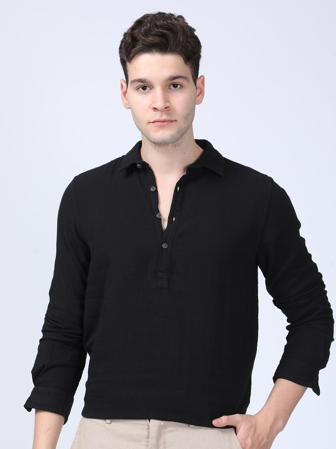 

POE Men Smart Slim Fit Opaque Casual Shirt, Black
