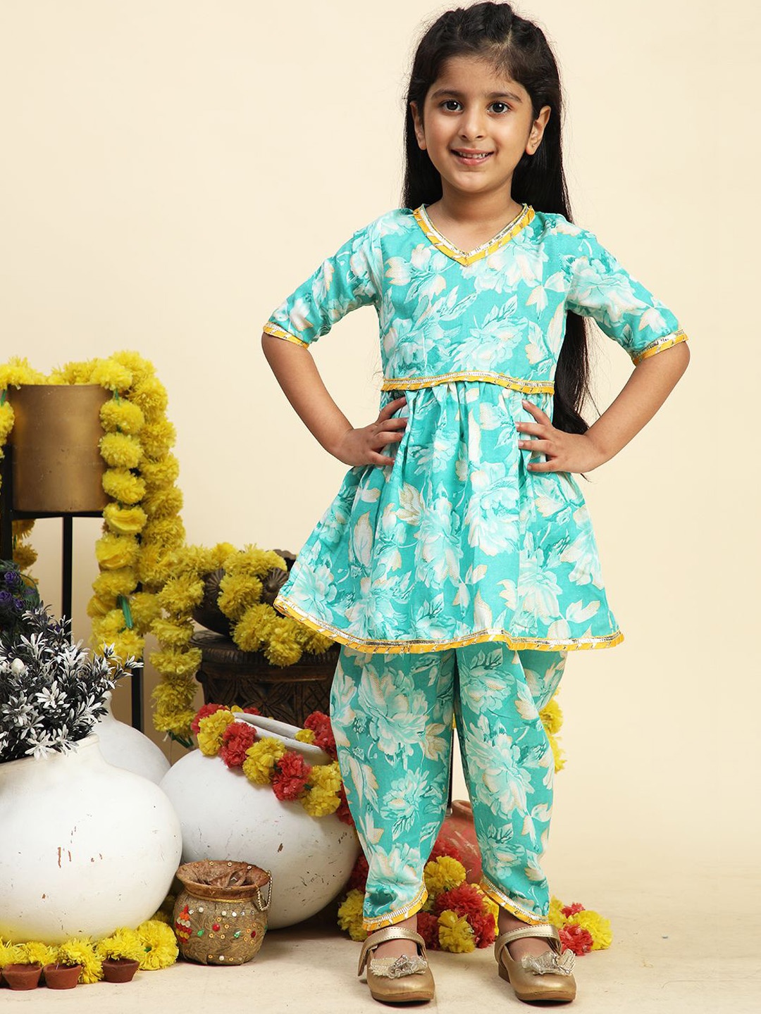 

Cutiekins Girls Floral Printed Regular Kurta with Dhoti Pants, Turquoise blue