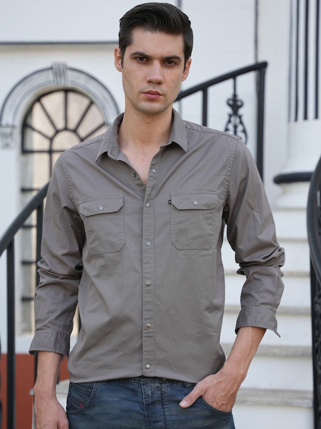 

POE Men Smart Slim Fit Opaque Casual Shirt, Grey