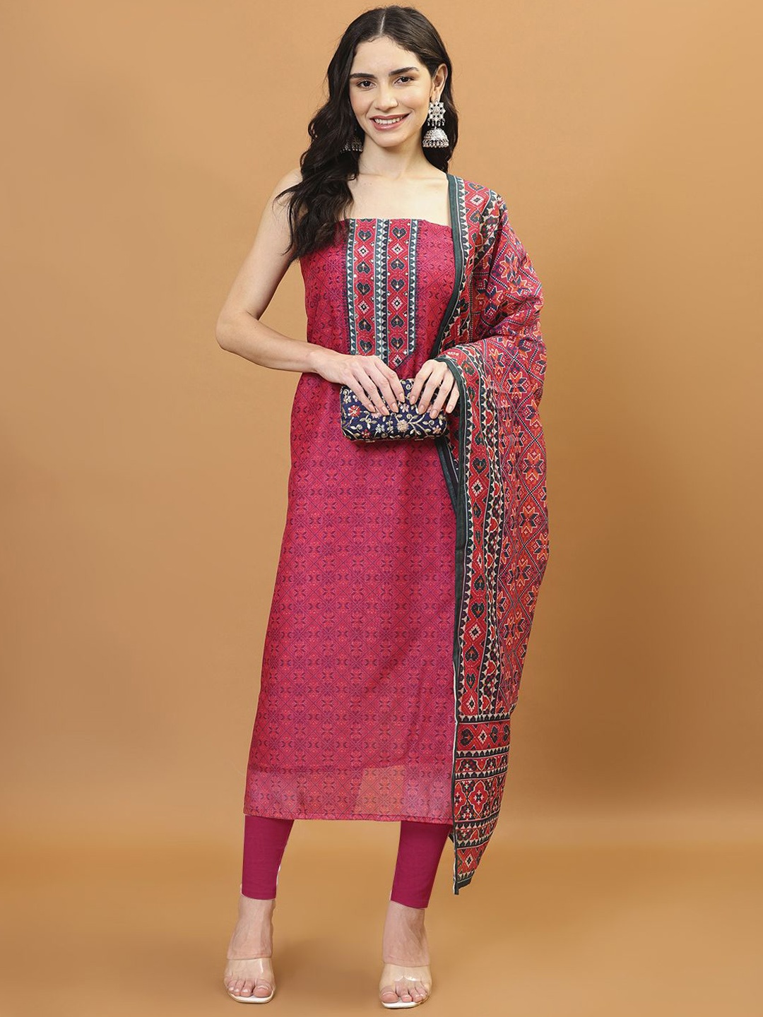 

Meena Bazaar Printed Art Silk Unstitched Dress Material, Pink
