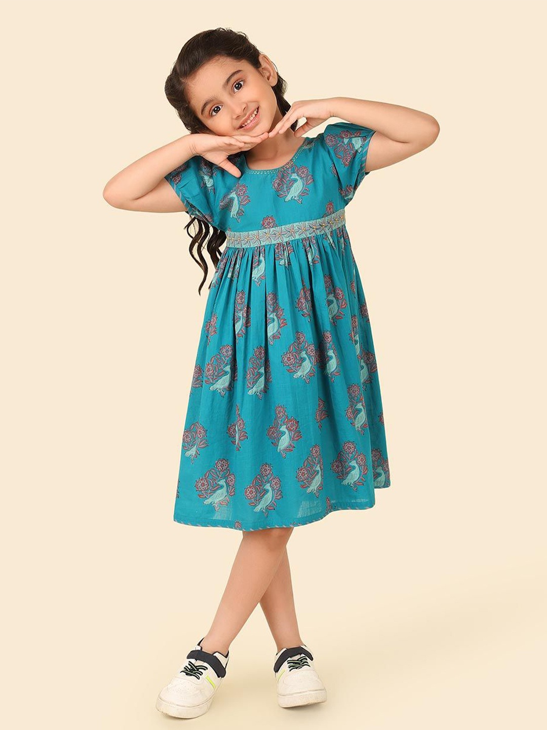 

Fabindia Girls Ethnic Motifs Print Fit & Flare Dress, Teal