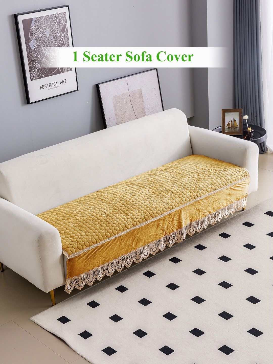 

HOKIPO Mustard Solid Dutch Velvet Anti Slip 1 Seater Sofa Cover Without Arms