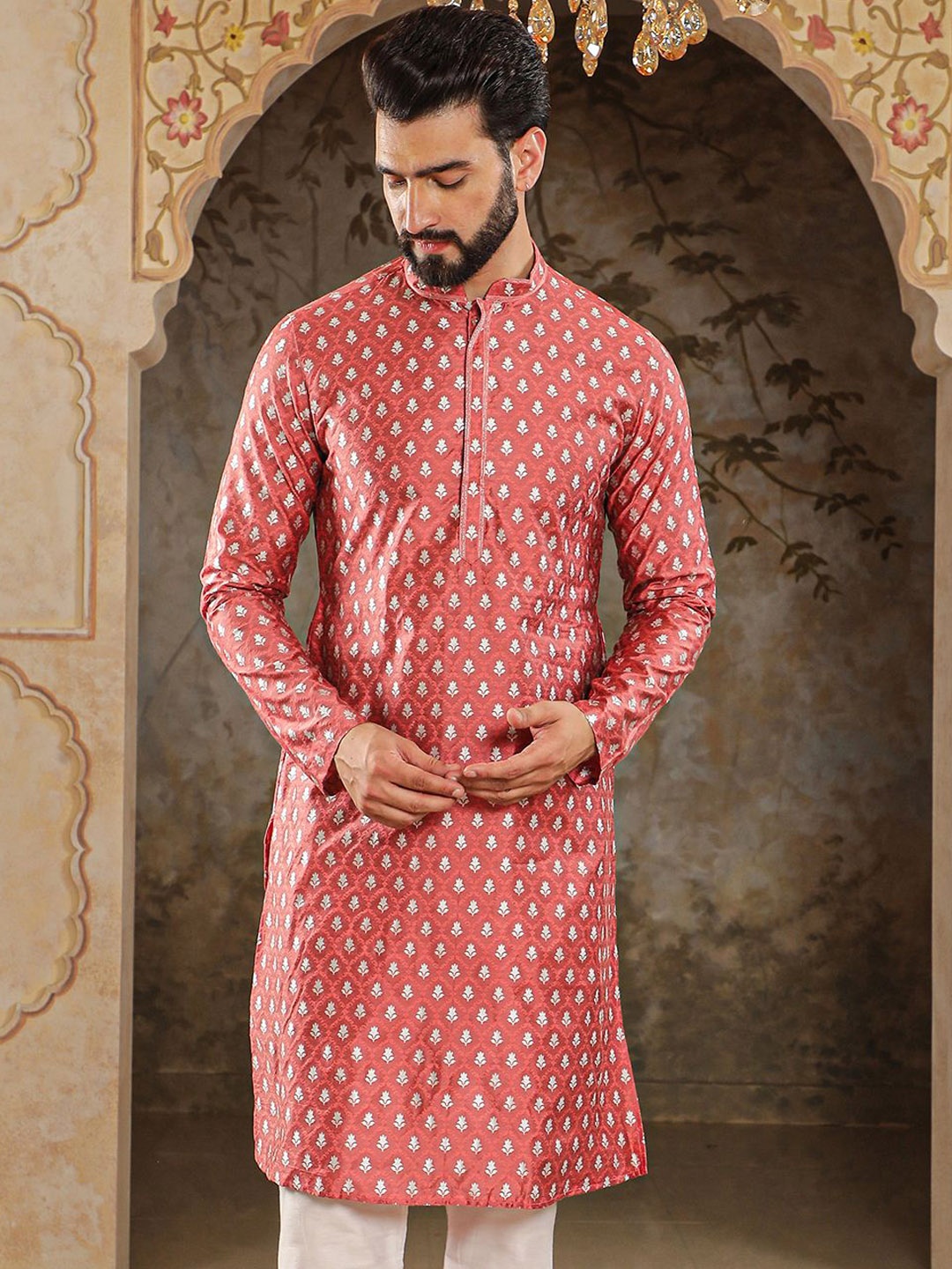 

HOUSE OF DEYANN Men Jacquard Kurta, Pink