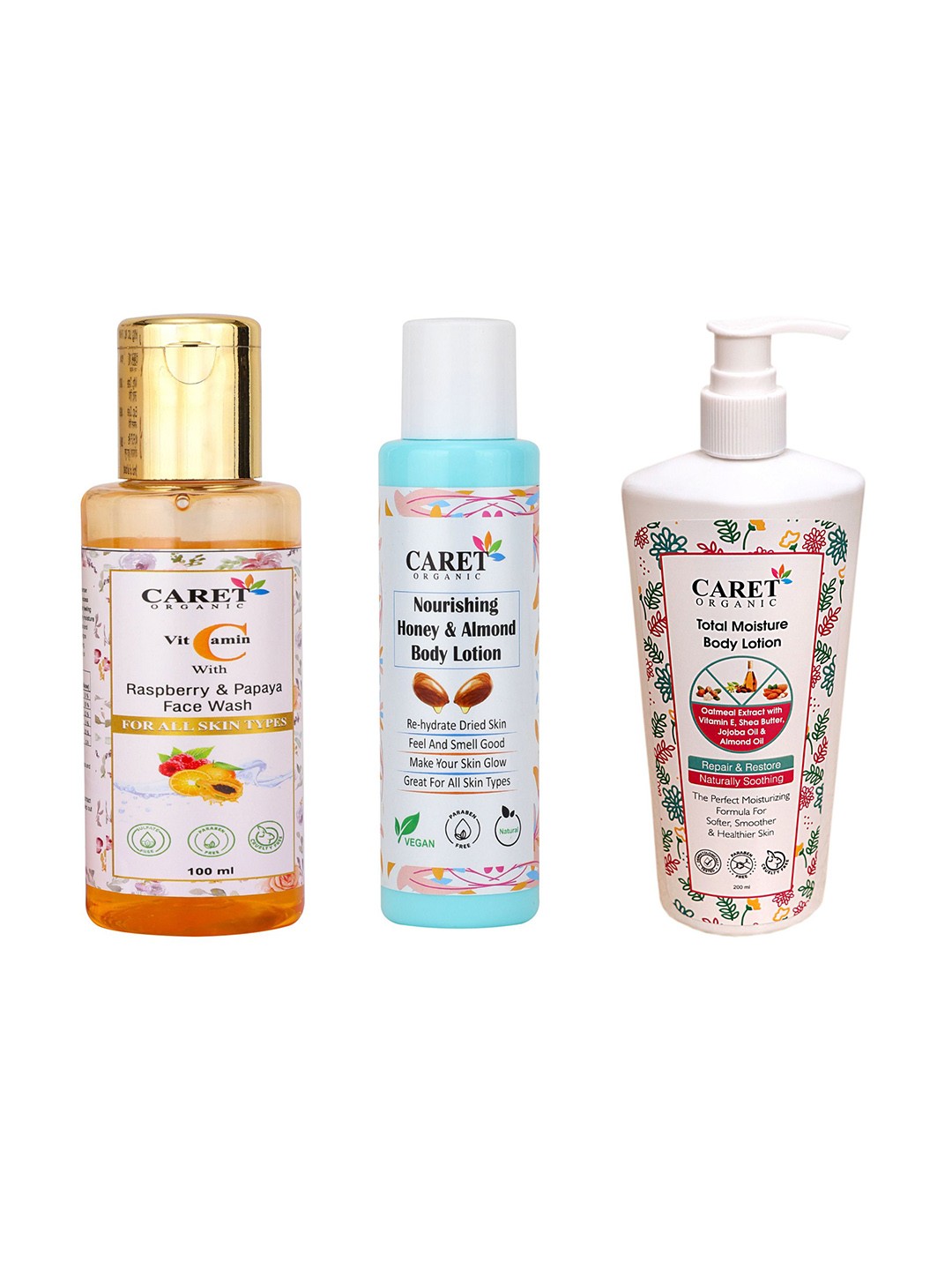 

CARET ORGANIC Raspberry & Papaya Face Wash, Honey Body Lotion & Total Moisture Lotion, White