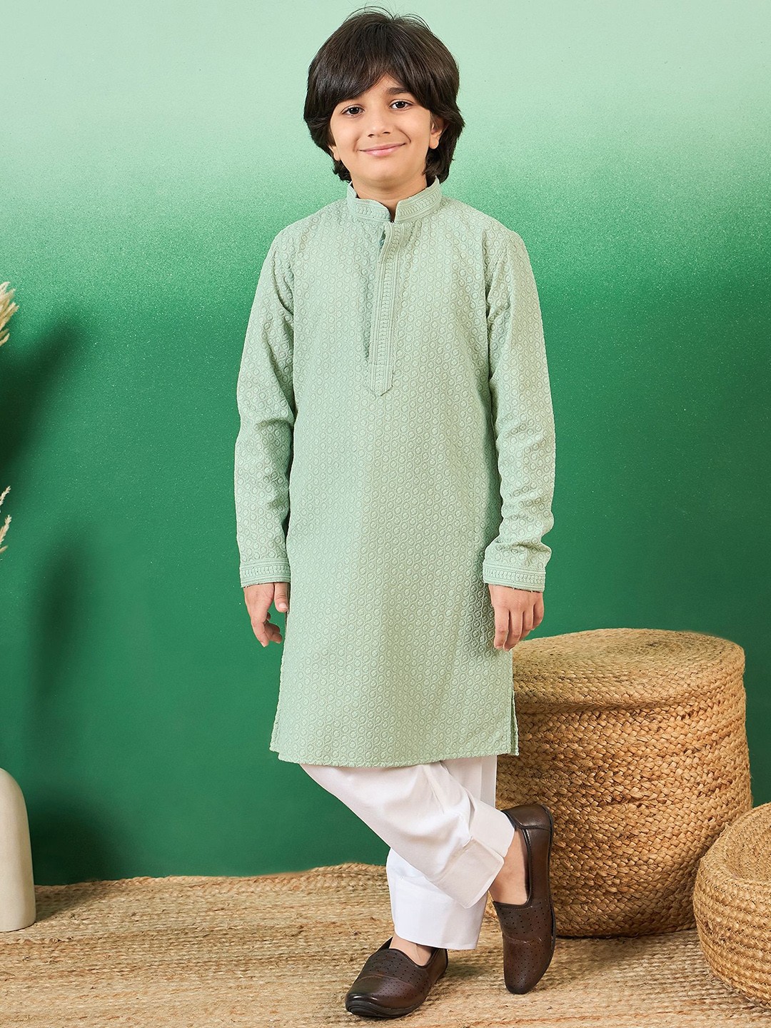 

Sangria Boys Chikankari Embroidered Kurtas, Green