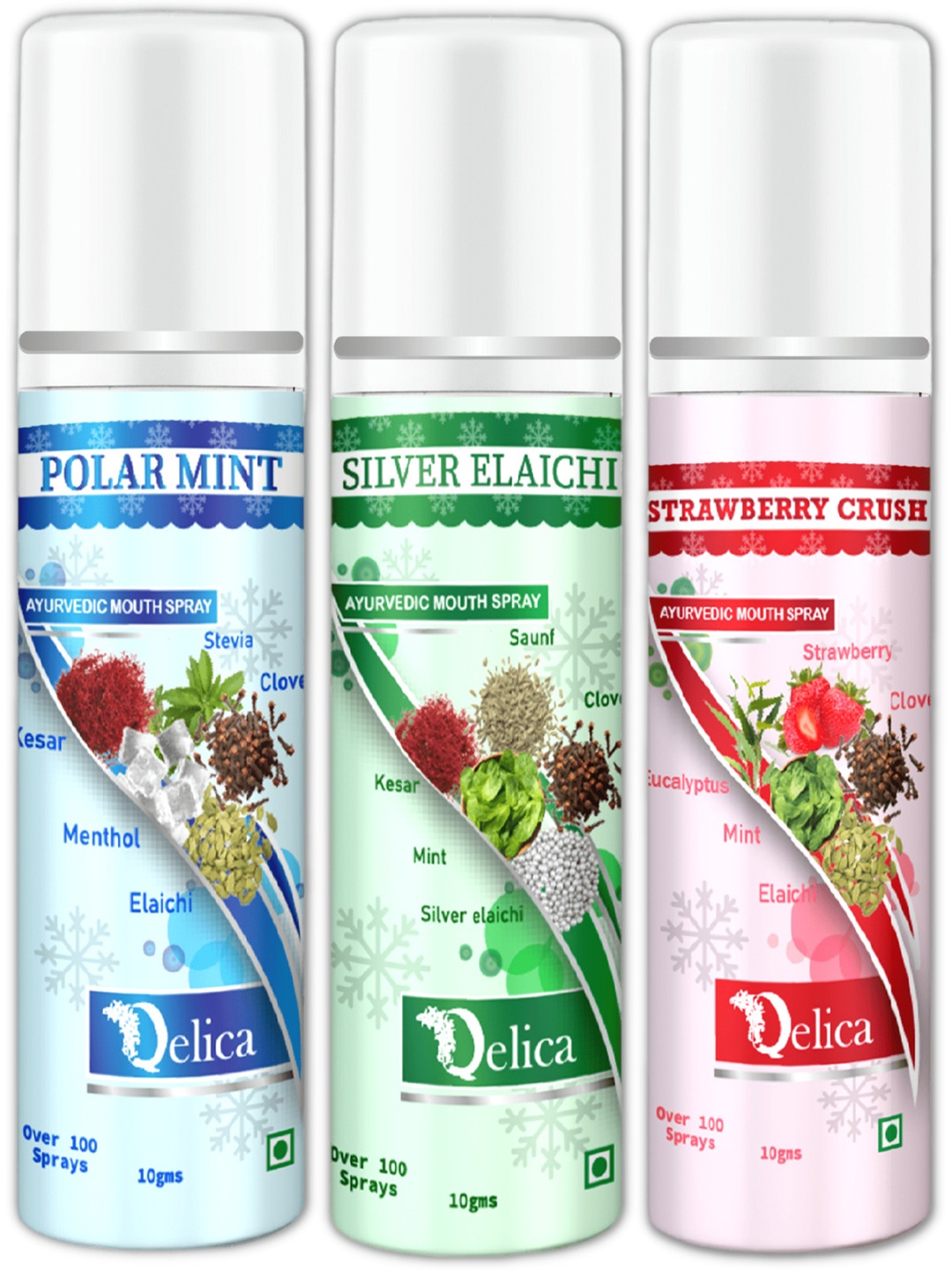 

Qelica Set Of 3 Polar Mint, Silver Elaichi & Strawberry Crush Mouth Freshener Spray 10 g, Blue