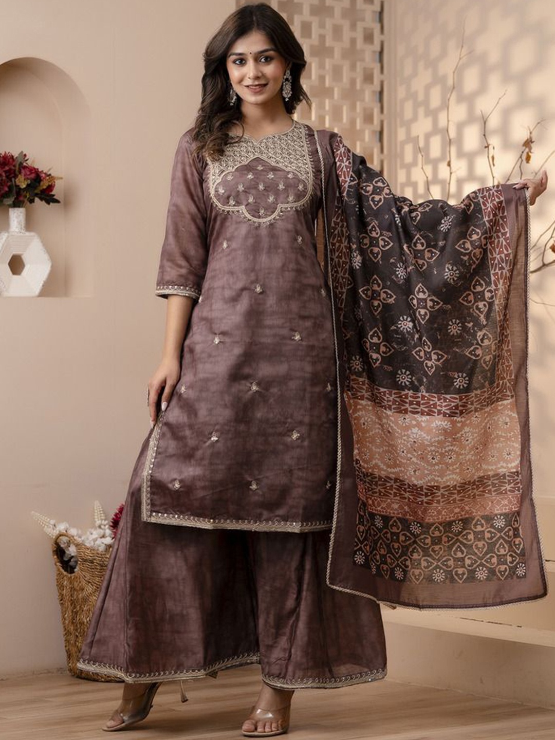 

VASVI Floral Embroidered Regular Chanderi Cotton Straight Kurta with Sharara & Dupatta, Camel brown