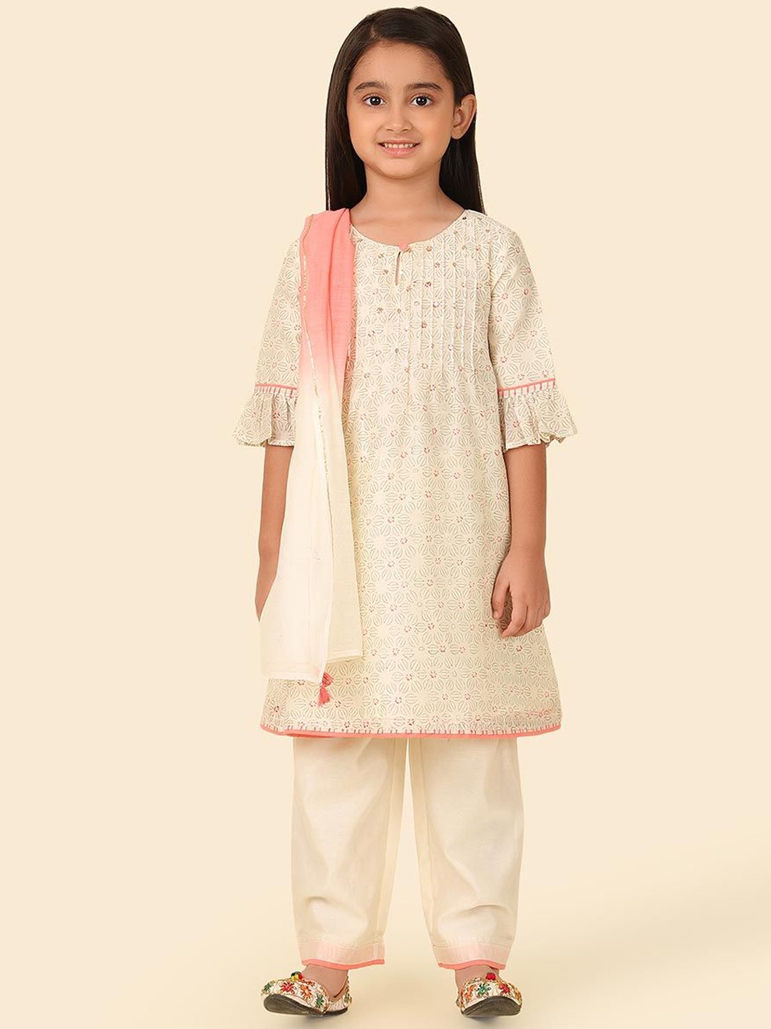 

Fabindia Girls Floral Printed Bell Sleeves A-Line Kurta with Salwar & Dupatta, White