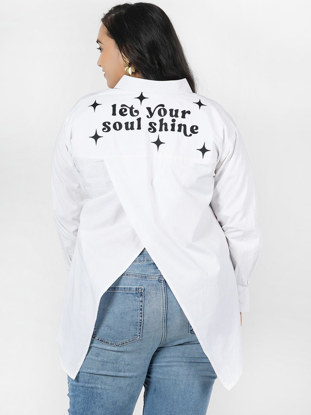 

LastInch Women Plus Size Classic Spread Collar Typography Printed Cotton Casual Shirt, White