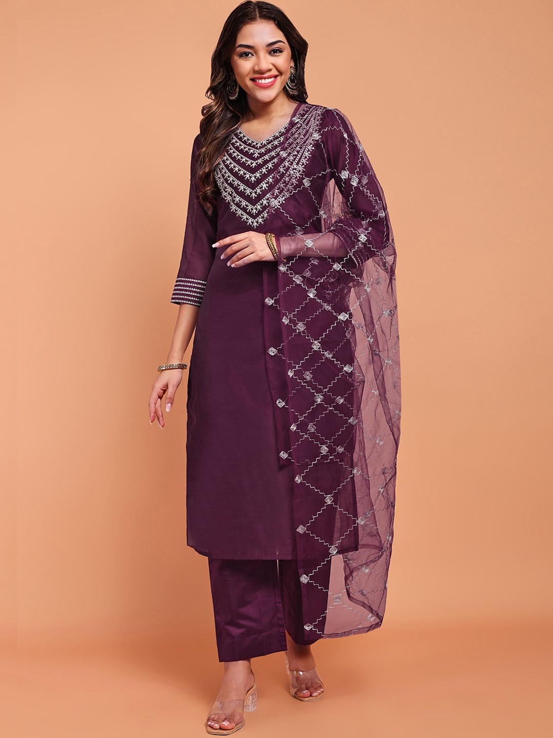 

DISHWA FASHION Yoke Design Sequinned Chanderi Silk Kurta with Trousers & Dupatta, Magenta