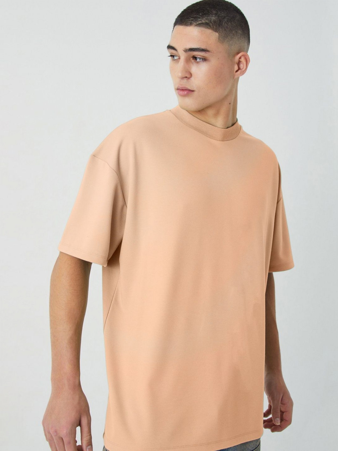 

PRONK Men Solid Round Neck Cotton Oversized T-shirt, Pink
