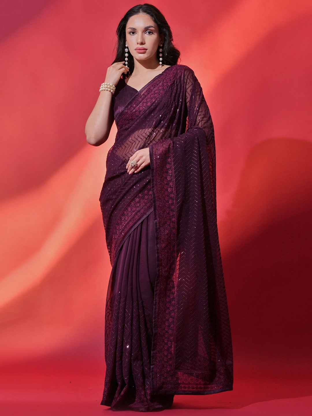 

Mitera Embellished Sequinned Embroidered Saree, Purple