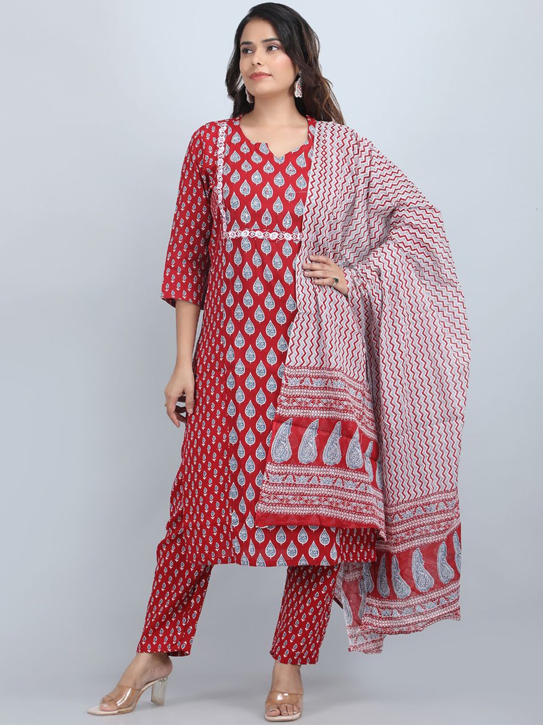 

SHIFORY Women Floral Printed Regular Pure Cotton Kurta with Trousers & With Dupatta, Maroon