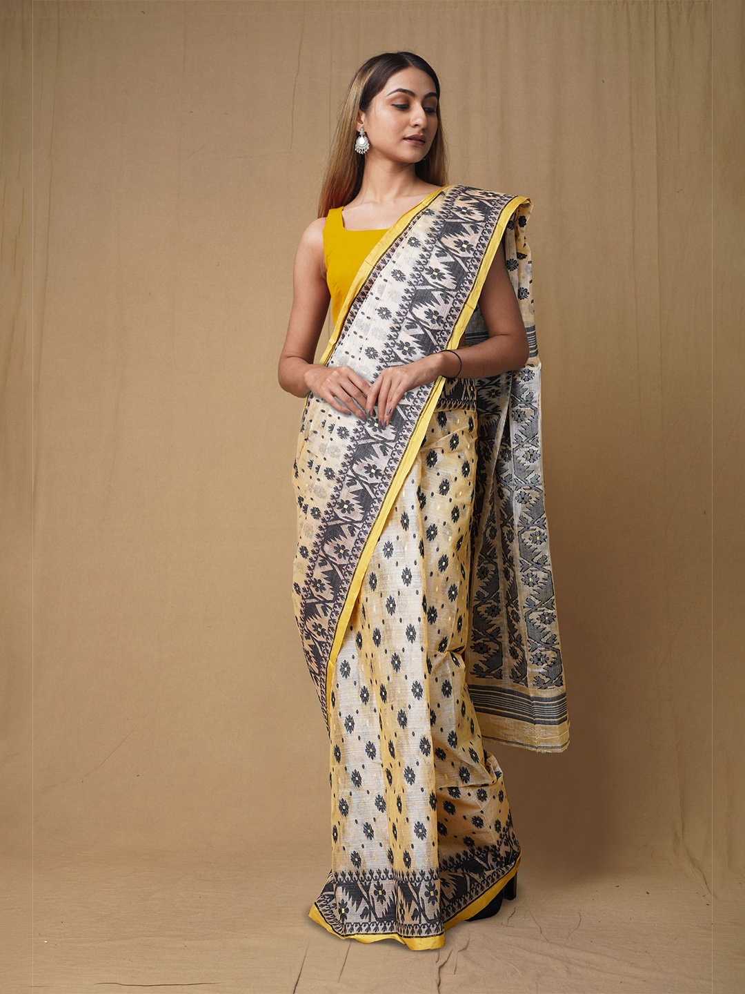 

Unnati Silks Woven Design Pure Cotton Handloom Tussar Saree, Cream