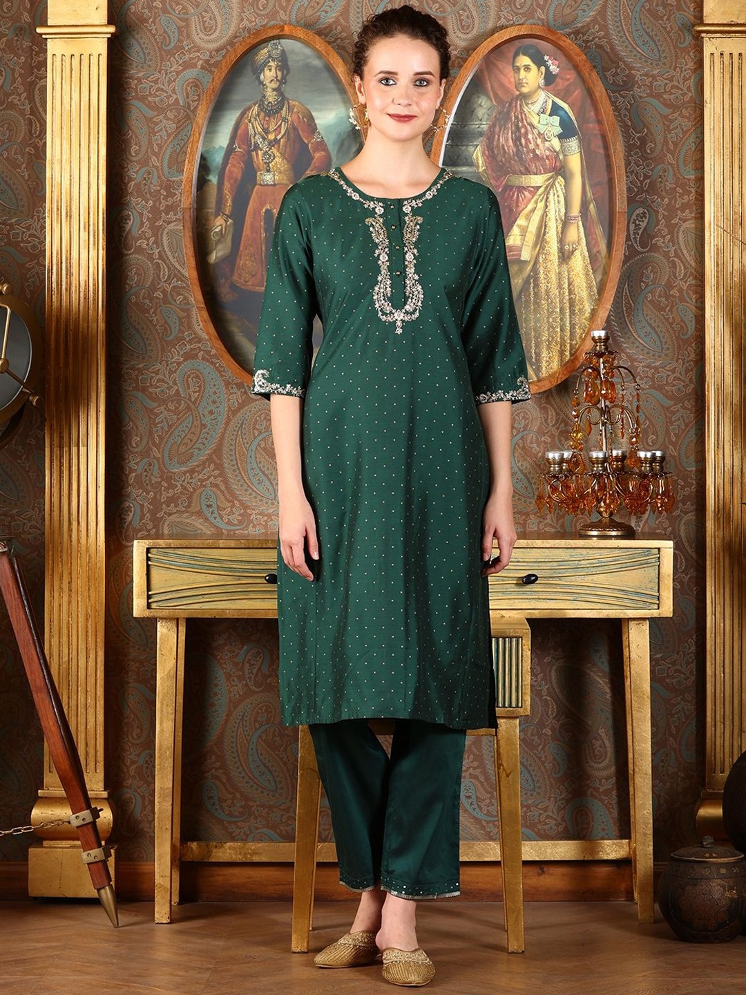 

W Women Ethnic Motifs Flared Sleeves Gotta Patti Kurta, Green